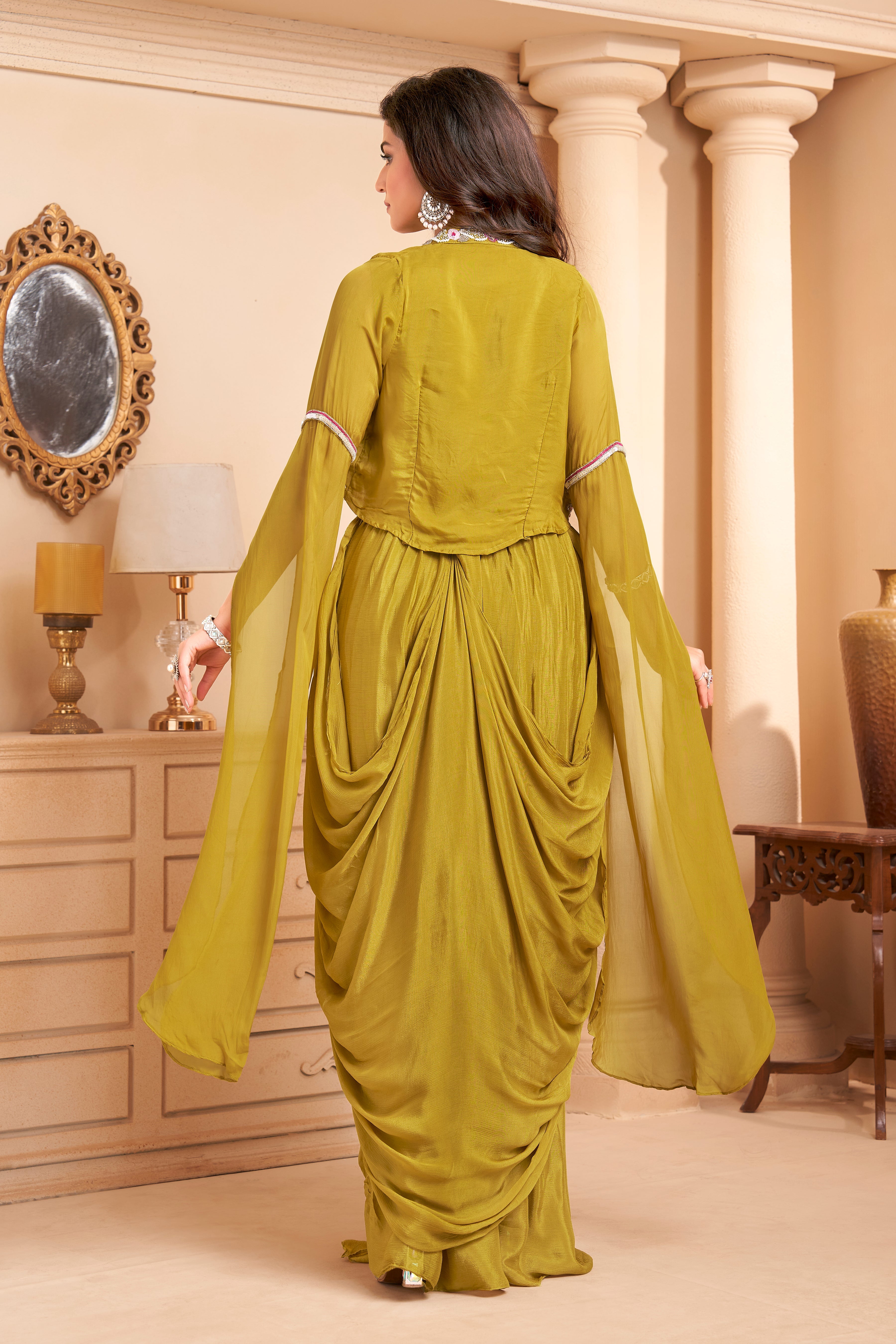 Lime Green Embellished Crepe Silk Skirt Set