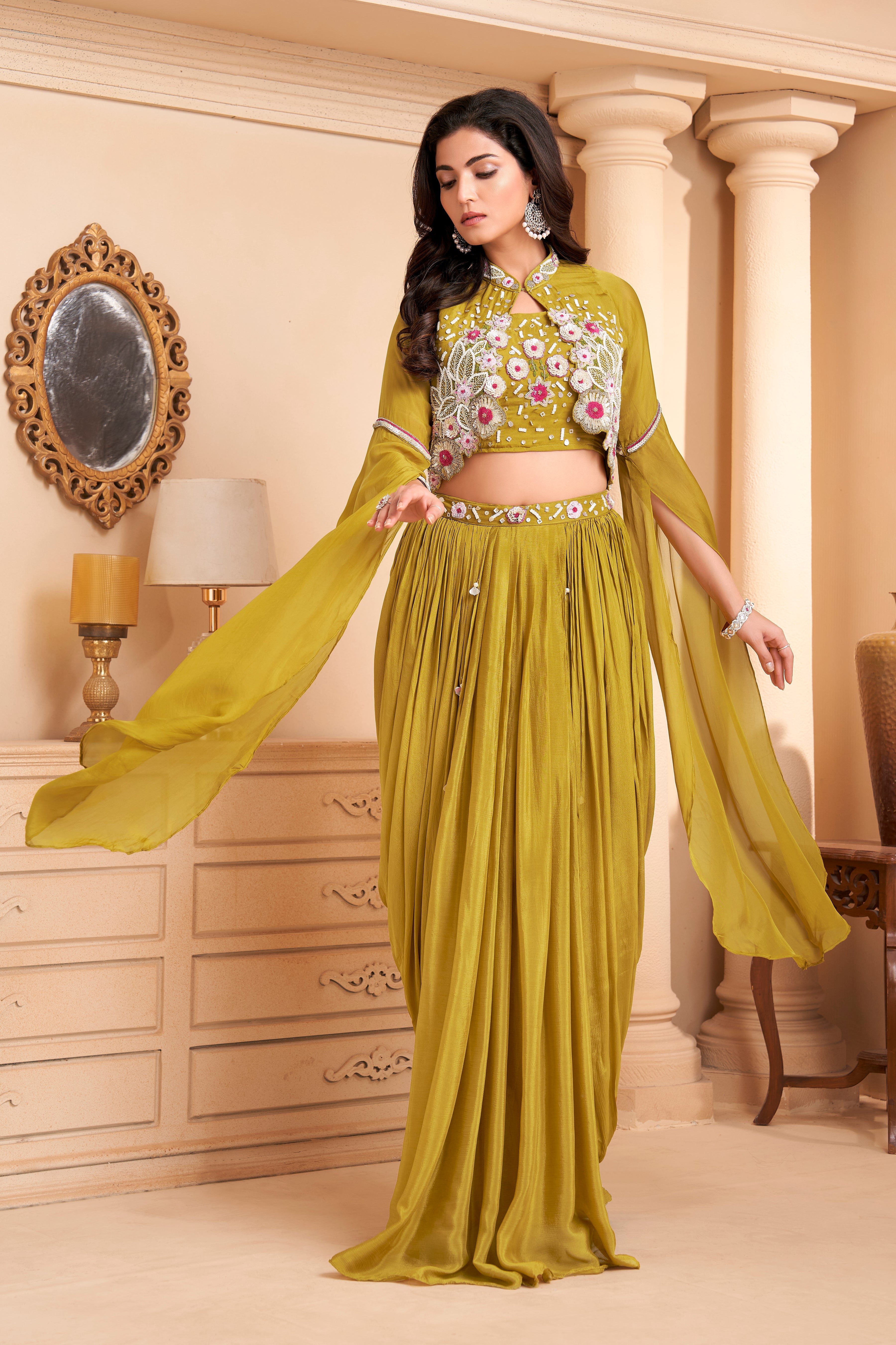 Lime Green Embellished Crepe Silk Skirt Set