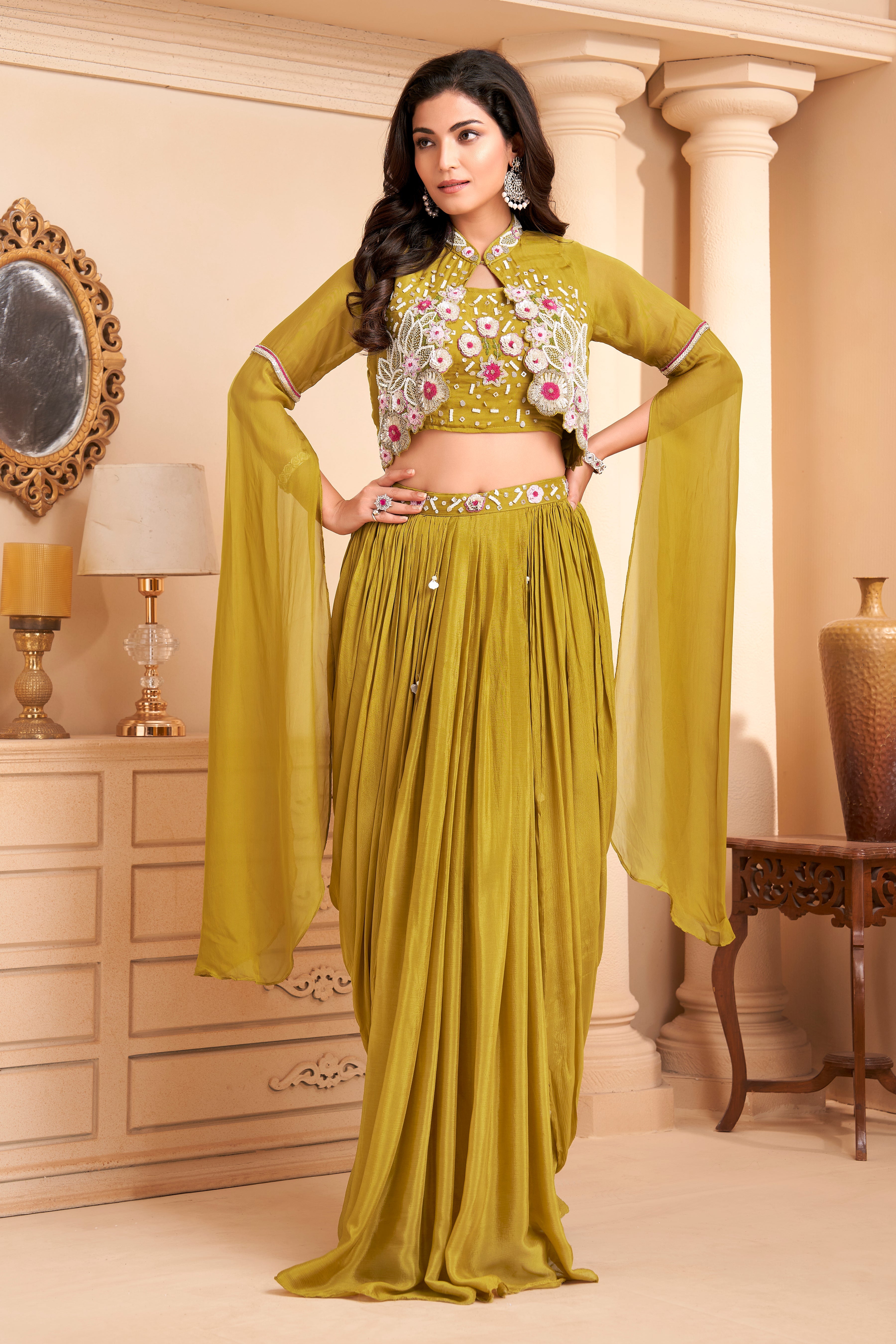 Lime Green Embellished Crepe Silk Skirt Set