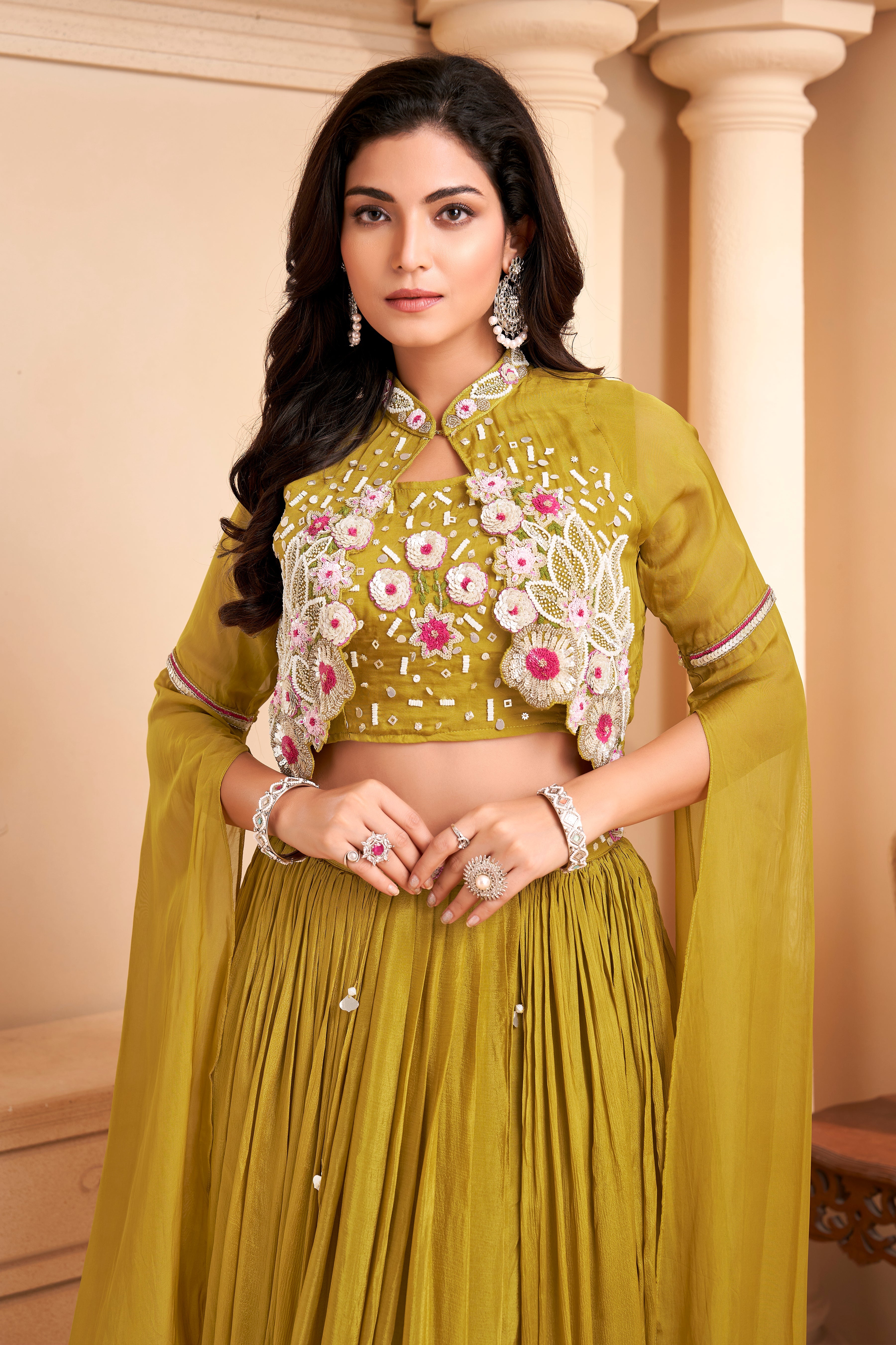 Lime Green Embellished Crepe Silk Skirt Set