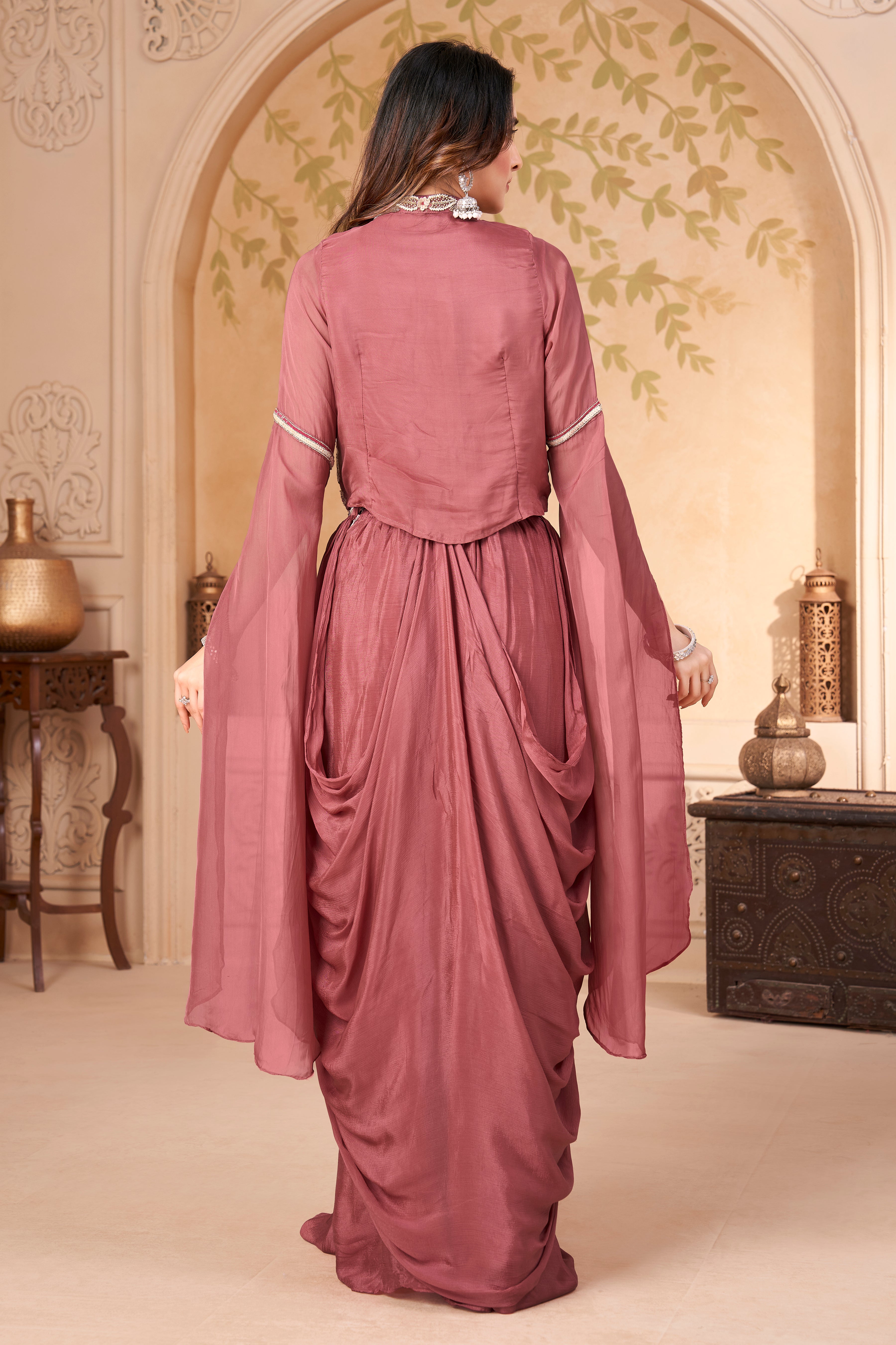 Dusty Rose Embellished Crepe Silk Skirt Set