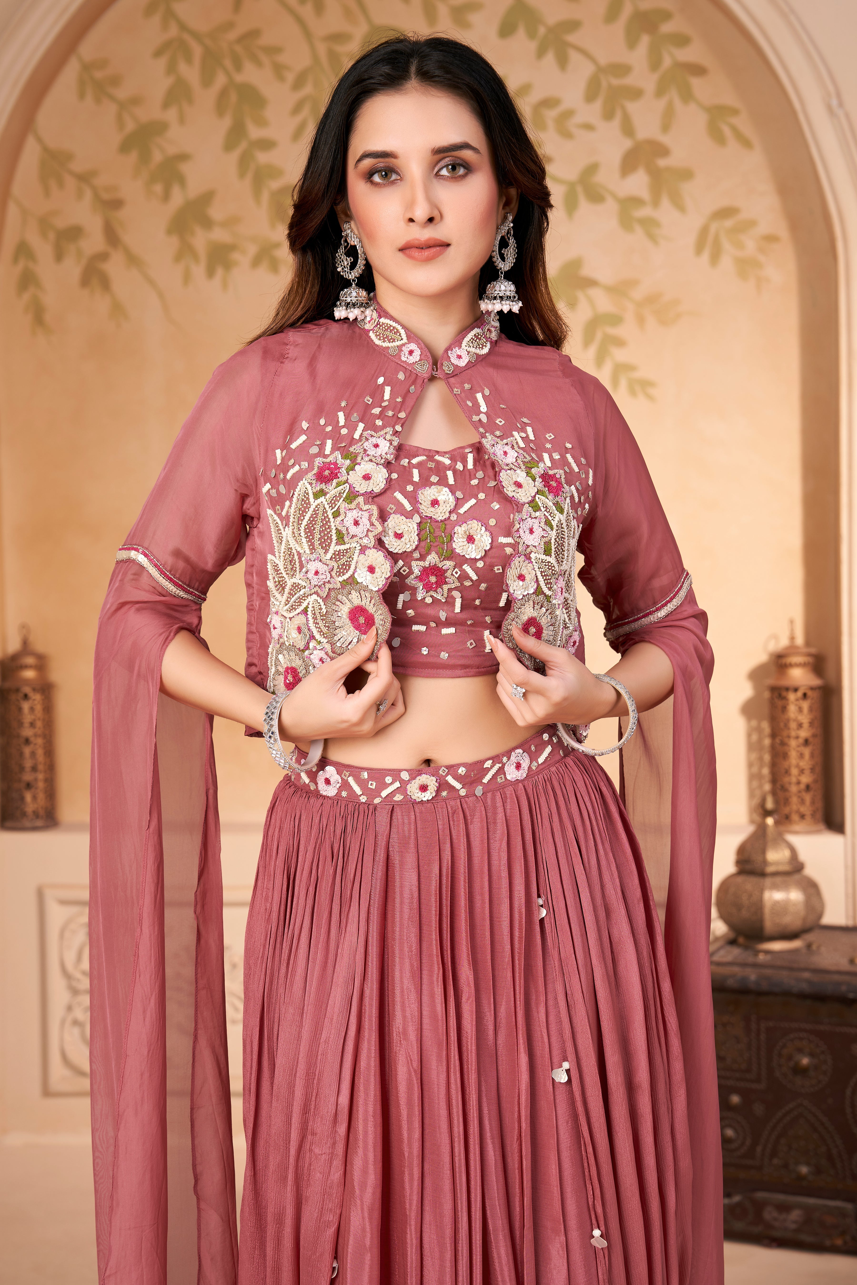 Dusty Rose Embellished Crepe Silk Skirt Set