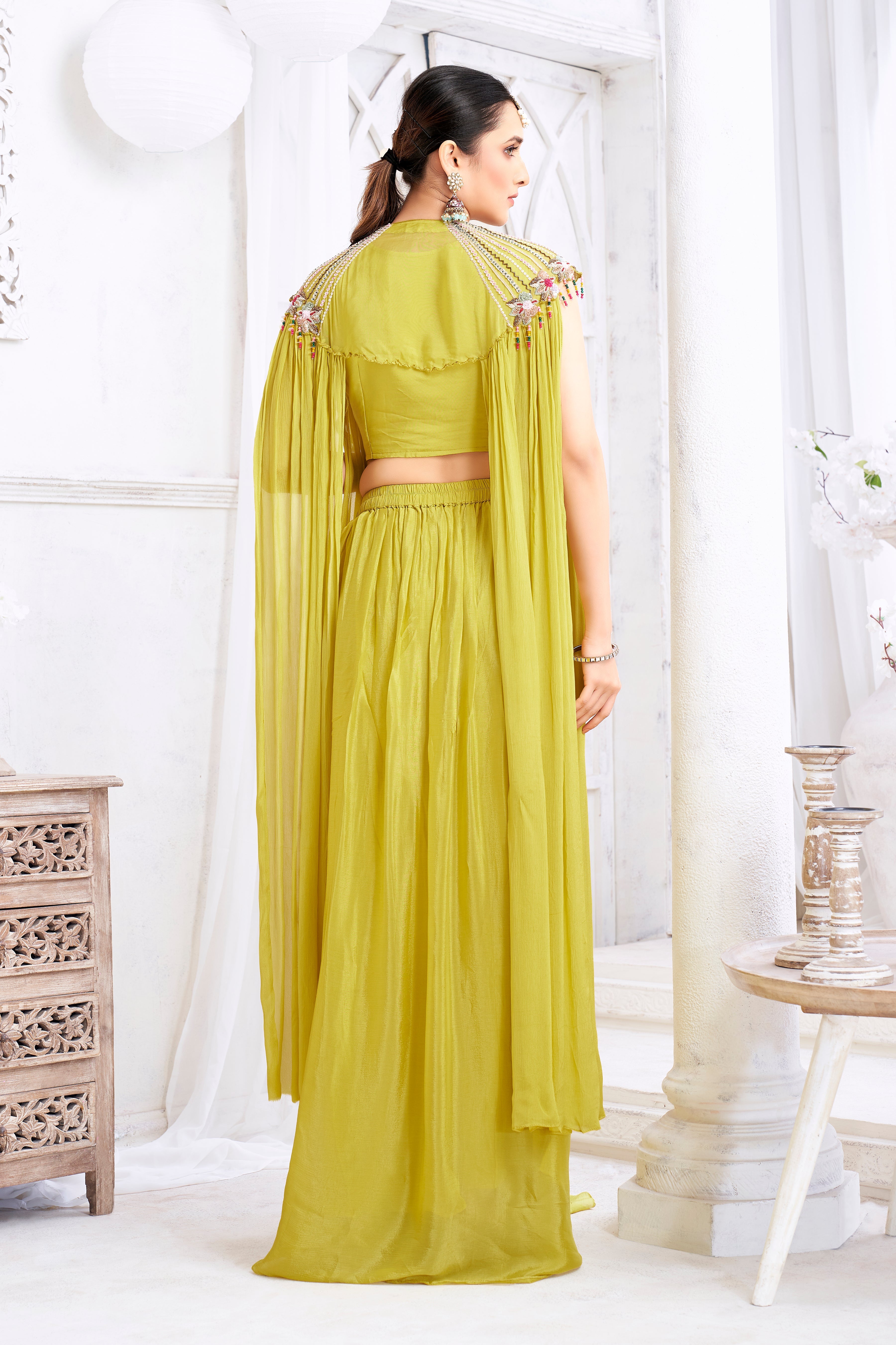 Lime Green Embellished Chinon Silk Cape Set