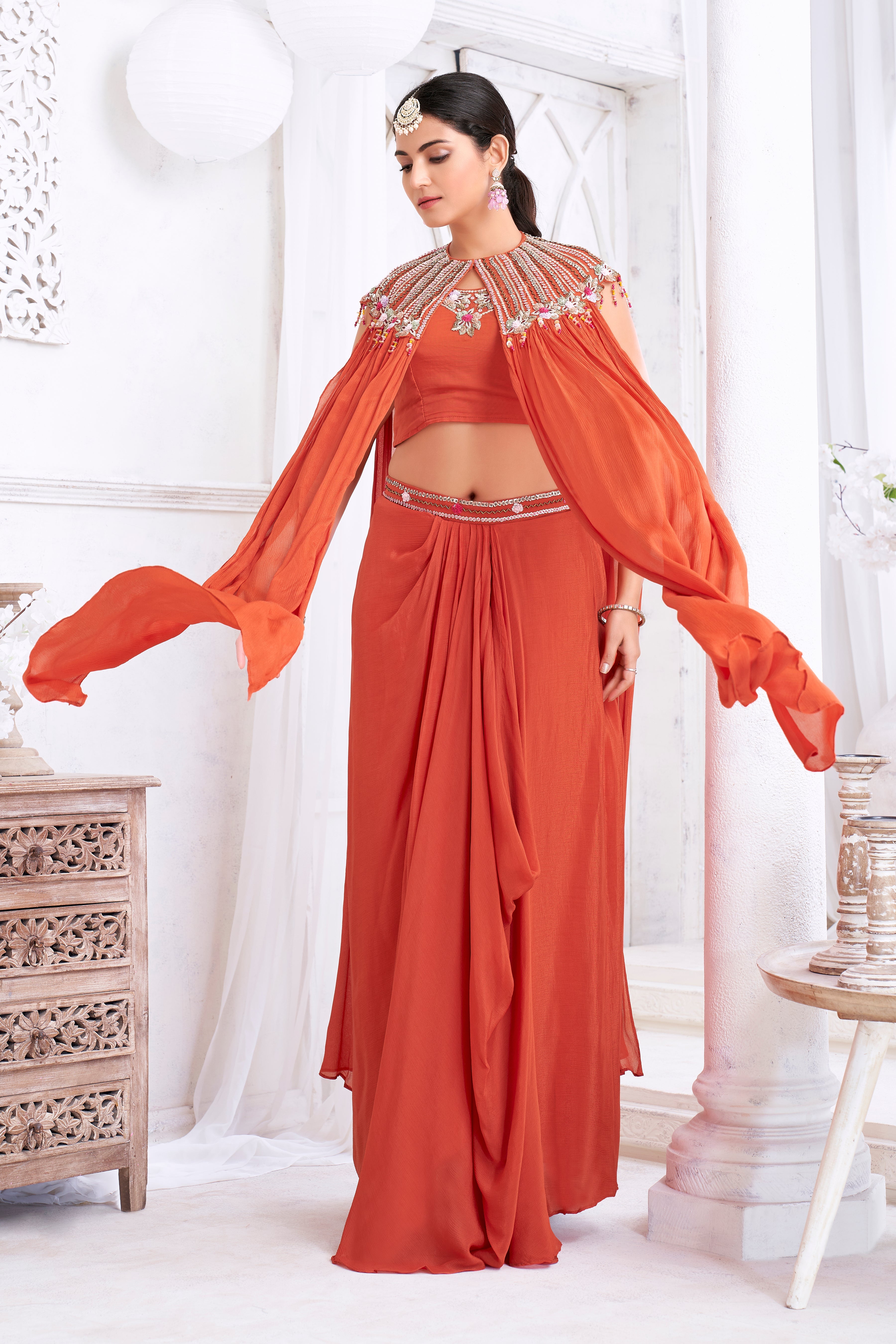 Burnt Orange Embellished Chinon Silk Cape Set