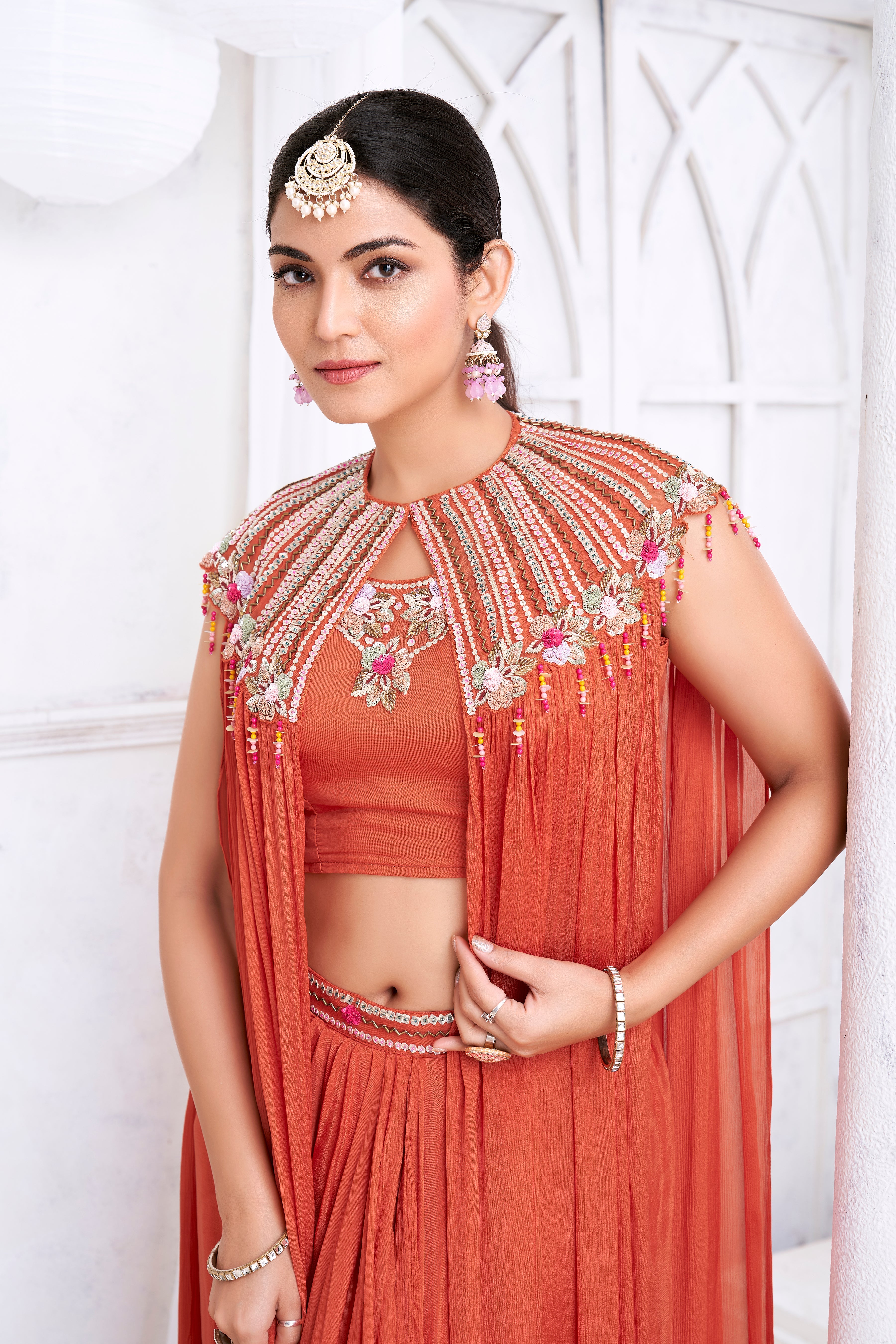 Burnt Orange Embellished Chinon Silk Cape Set