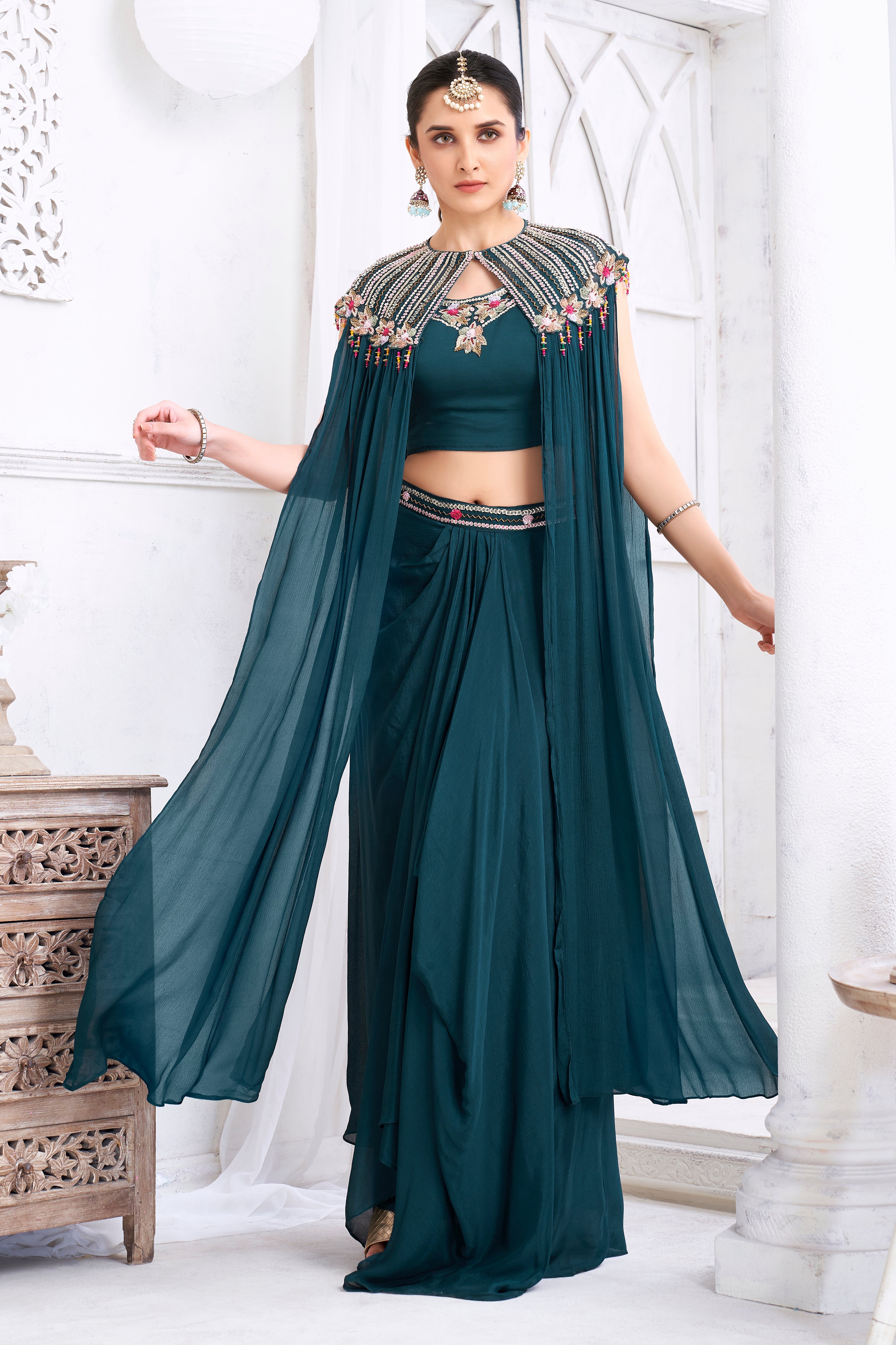 Deep Teal Embellished Chinon Silk Cape Set