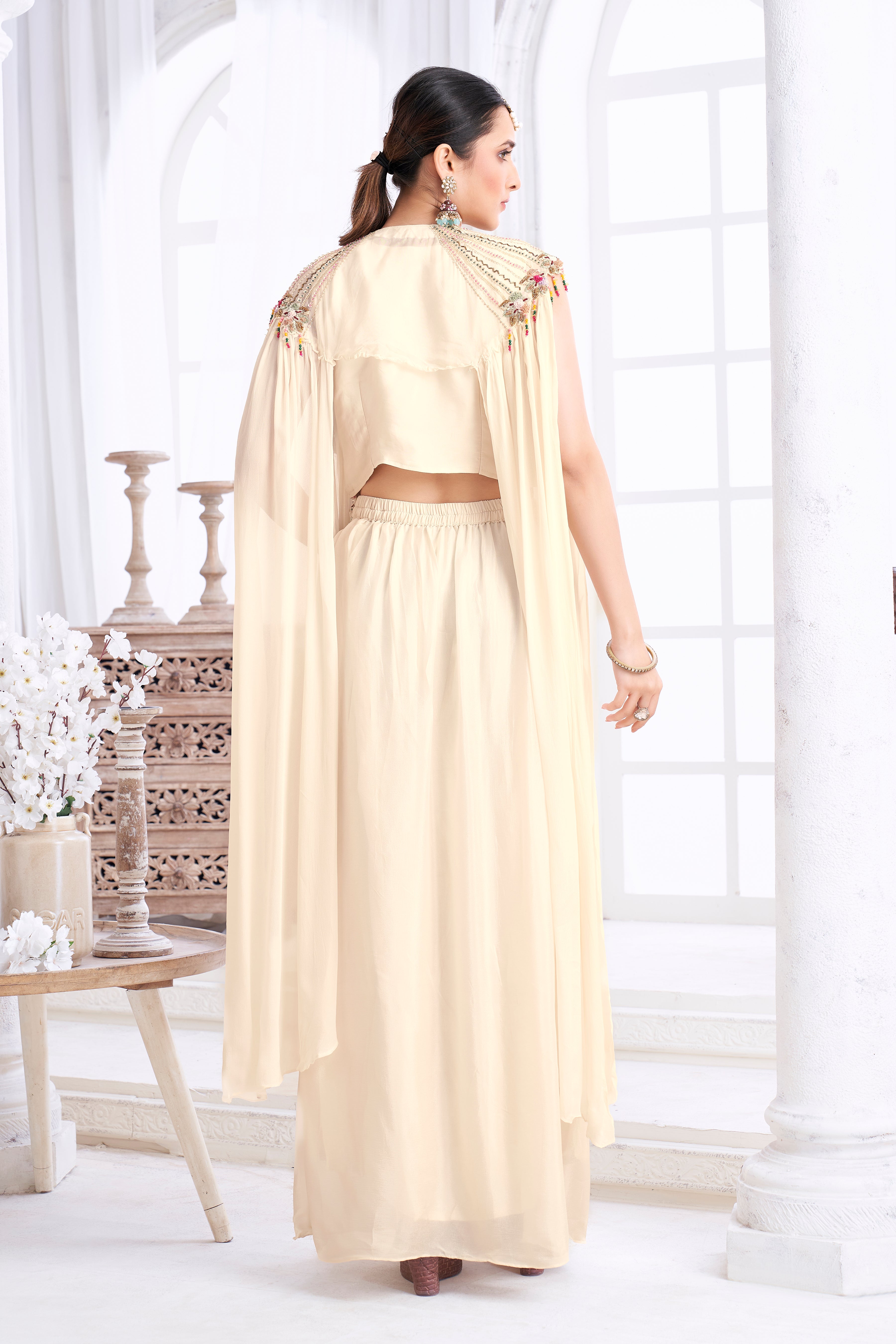 Cream Embellished Chinon Silk Cape Set