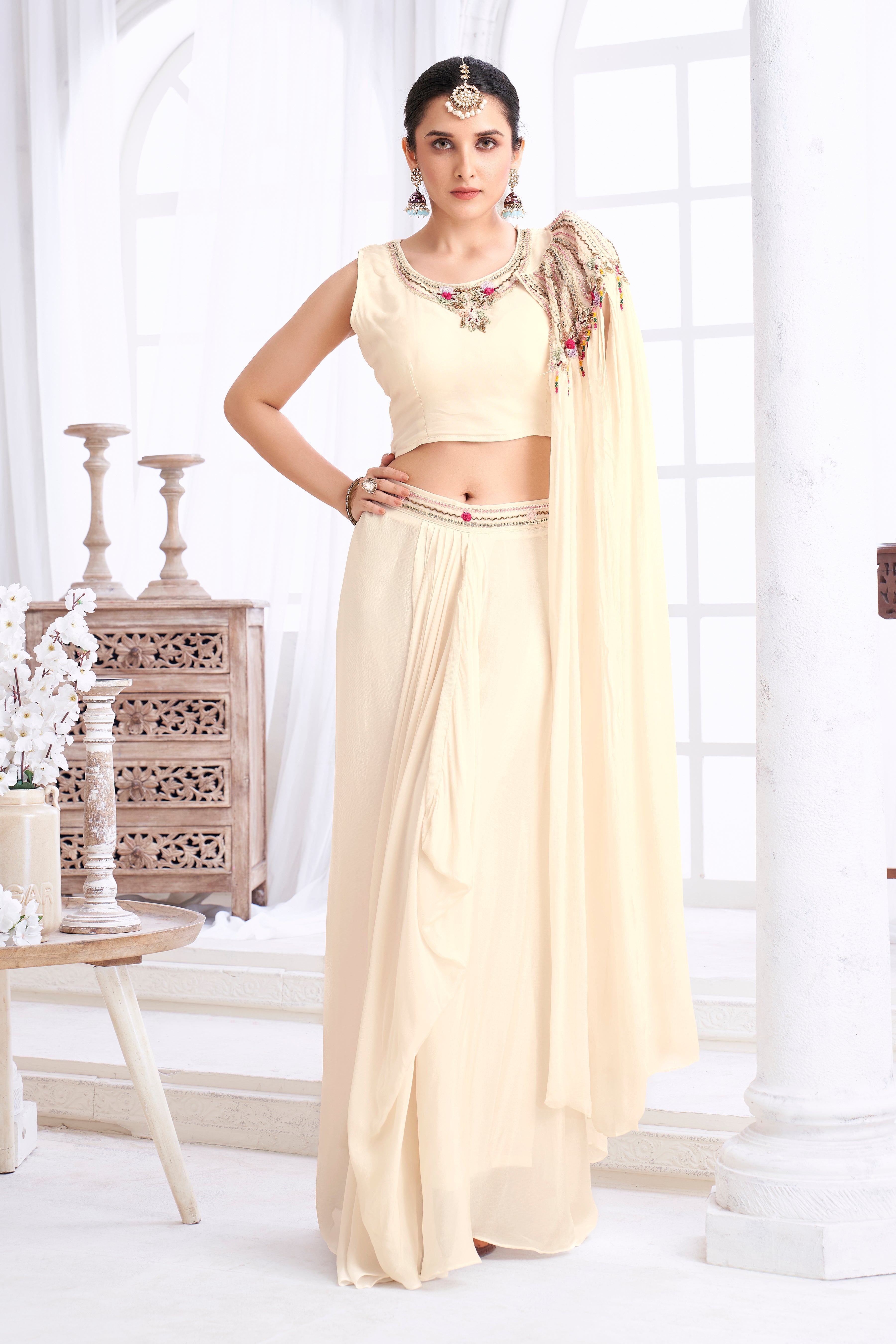 Cream Embellished Chinon Silk Cape Set