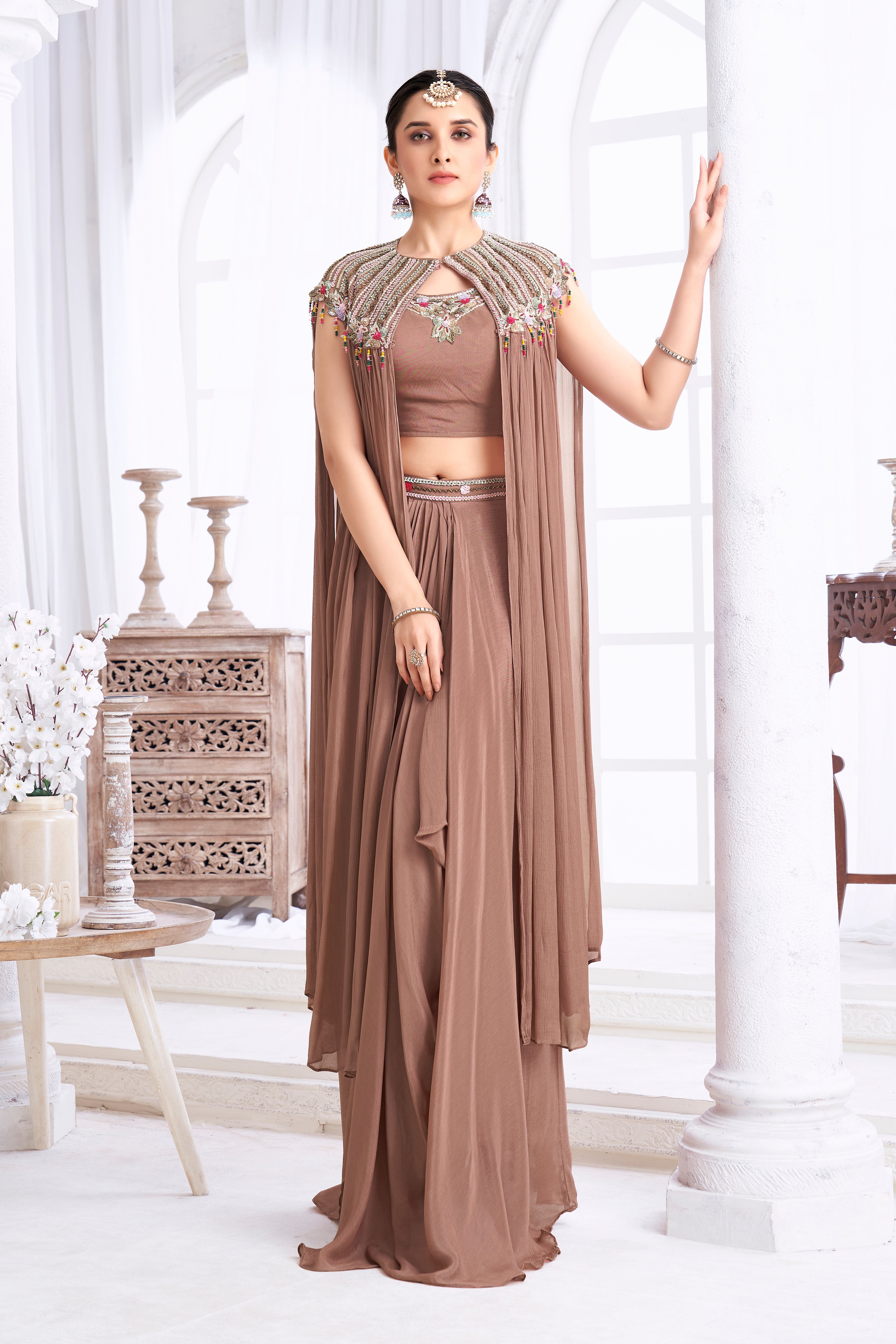 Dusty Brown Embellished Chinon Silk Cape Set