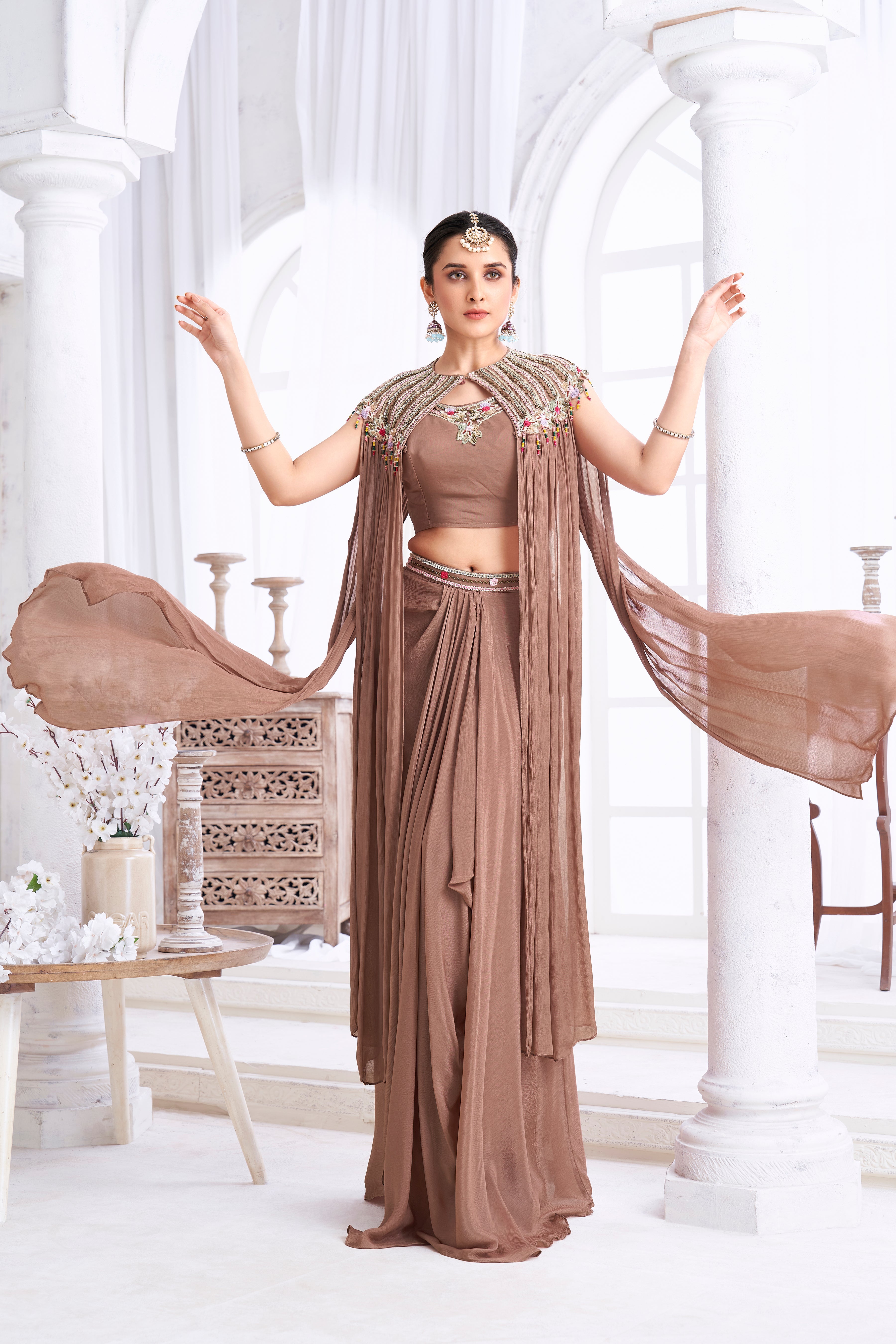 Dusty Brown Embellished Chinon Silk Cape Set