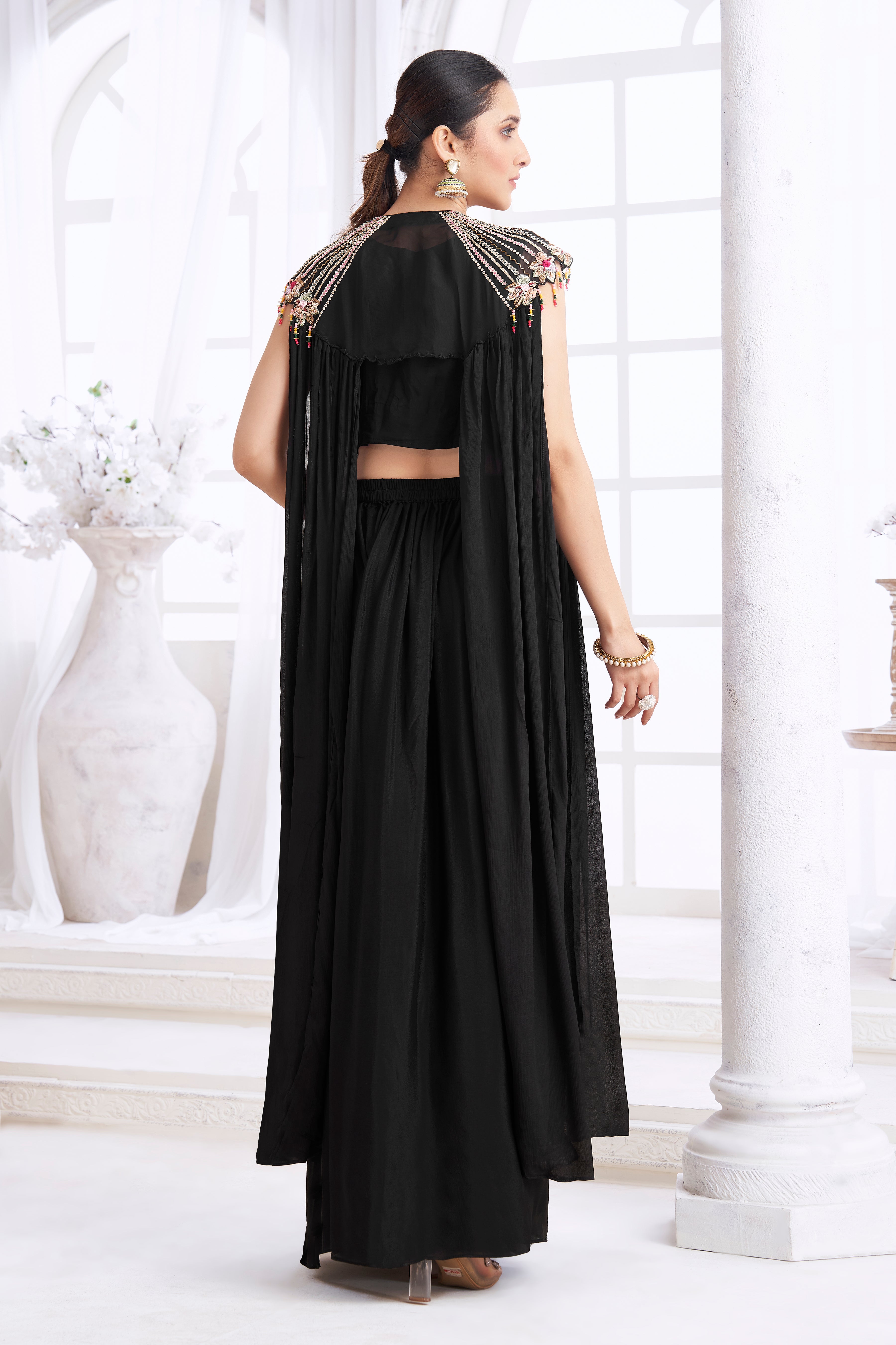 Black Embellished Chinon Silk Cape Set