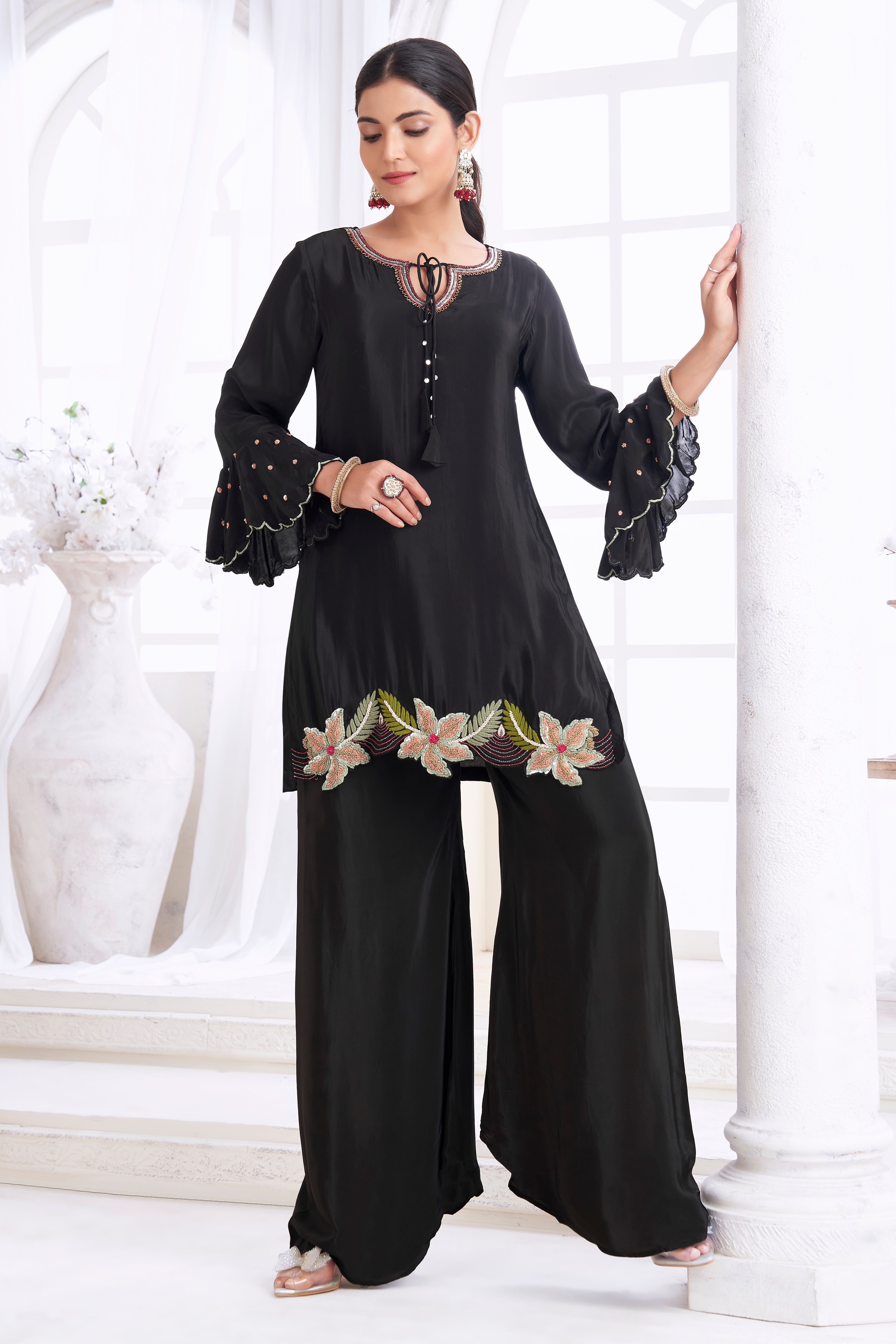 Black Embellished Crepe Silk Palazzo Set