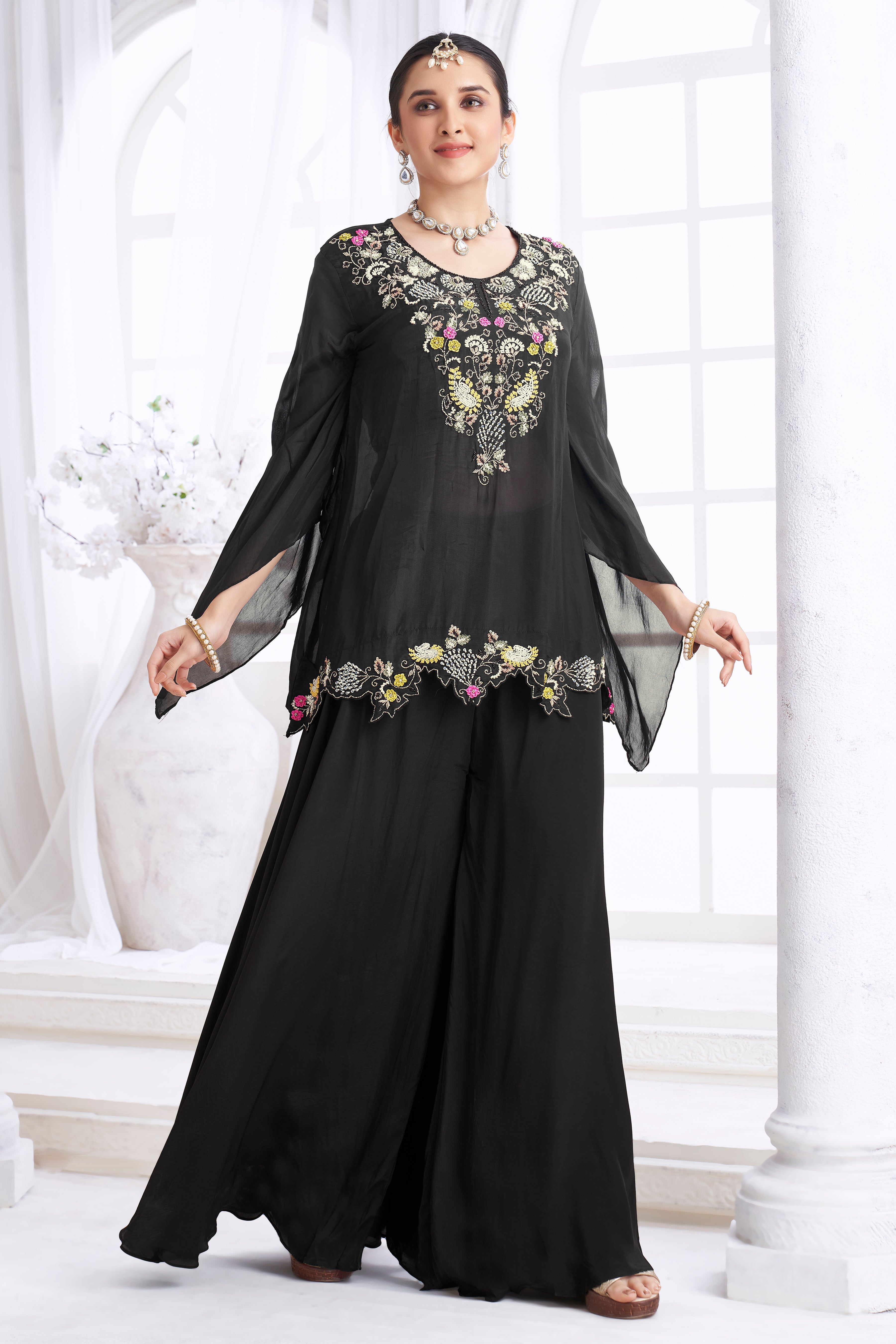 Black Embellished Organza Silk Palazzo Set