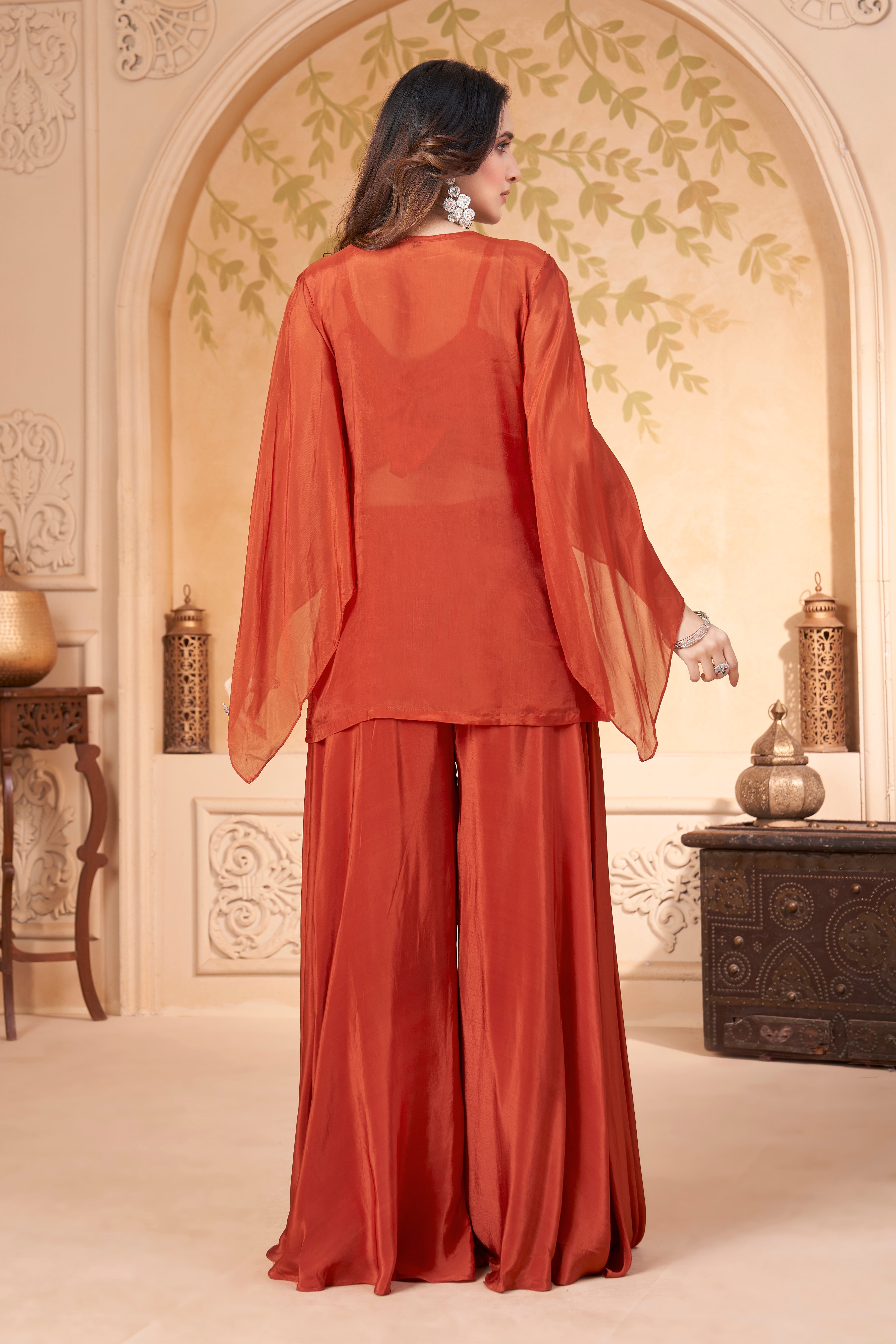 Rust Embellished Organza Silk Palazzo Set
