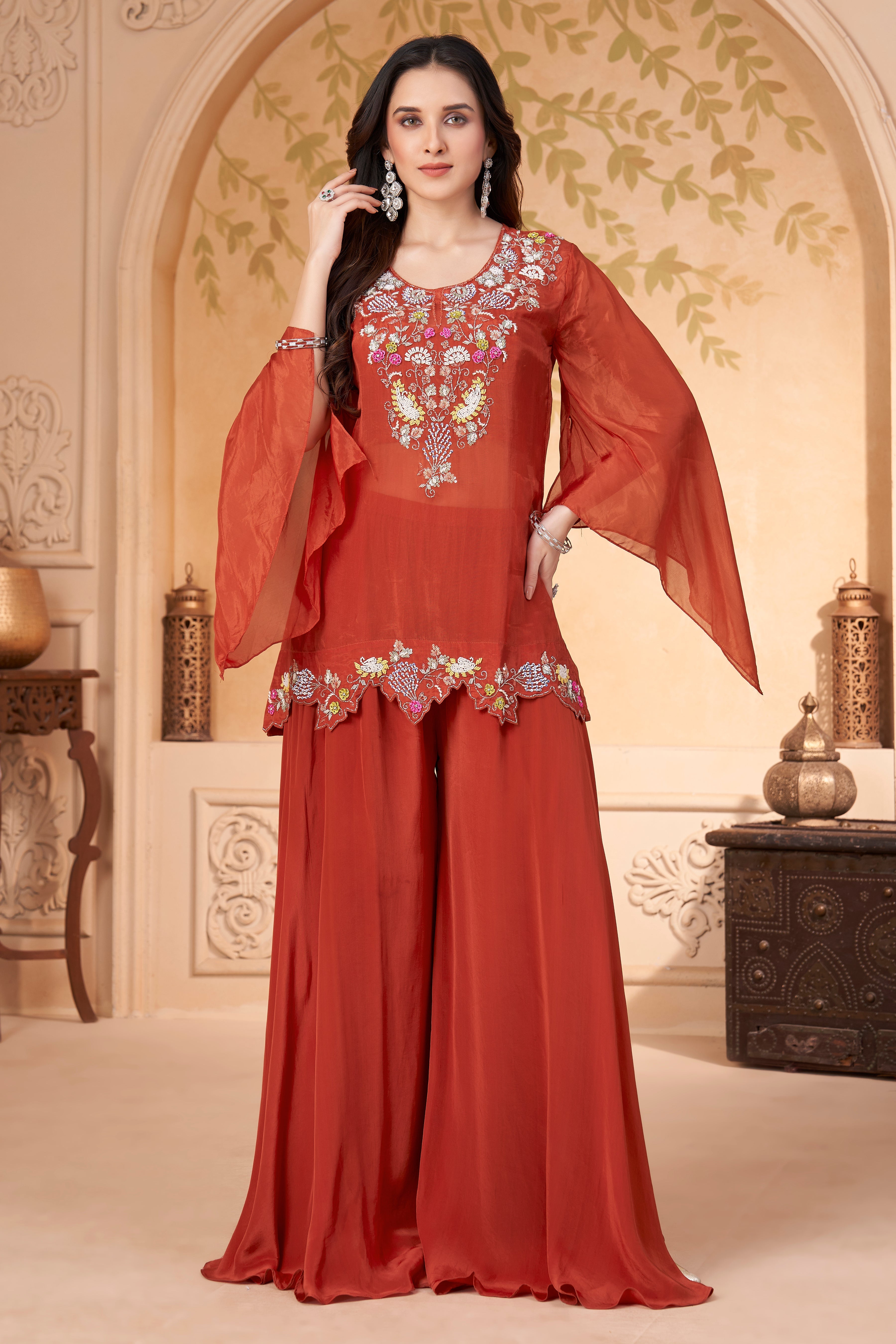 Rust Embellished Organza Silk Palazzo Set