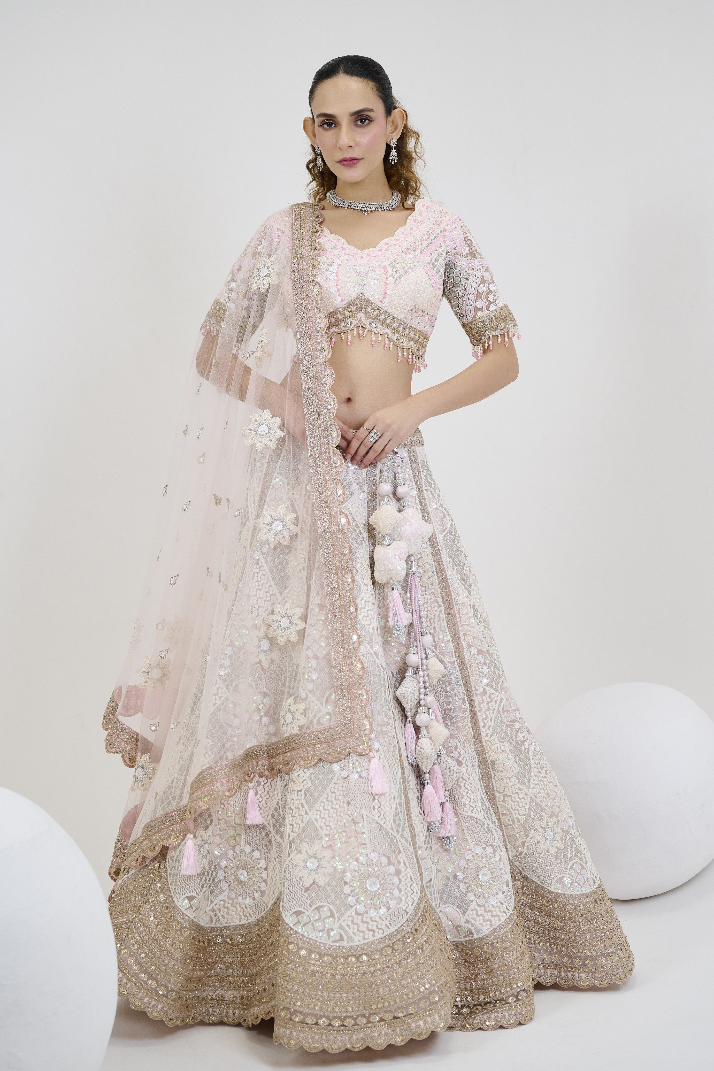 Blush Pink Embroidered Georgette Silk Lehenga Set