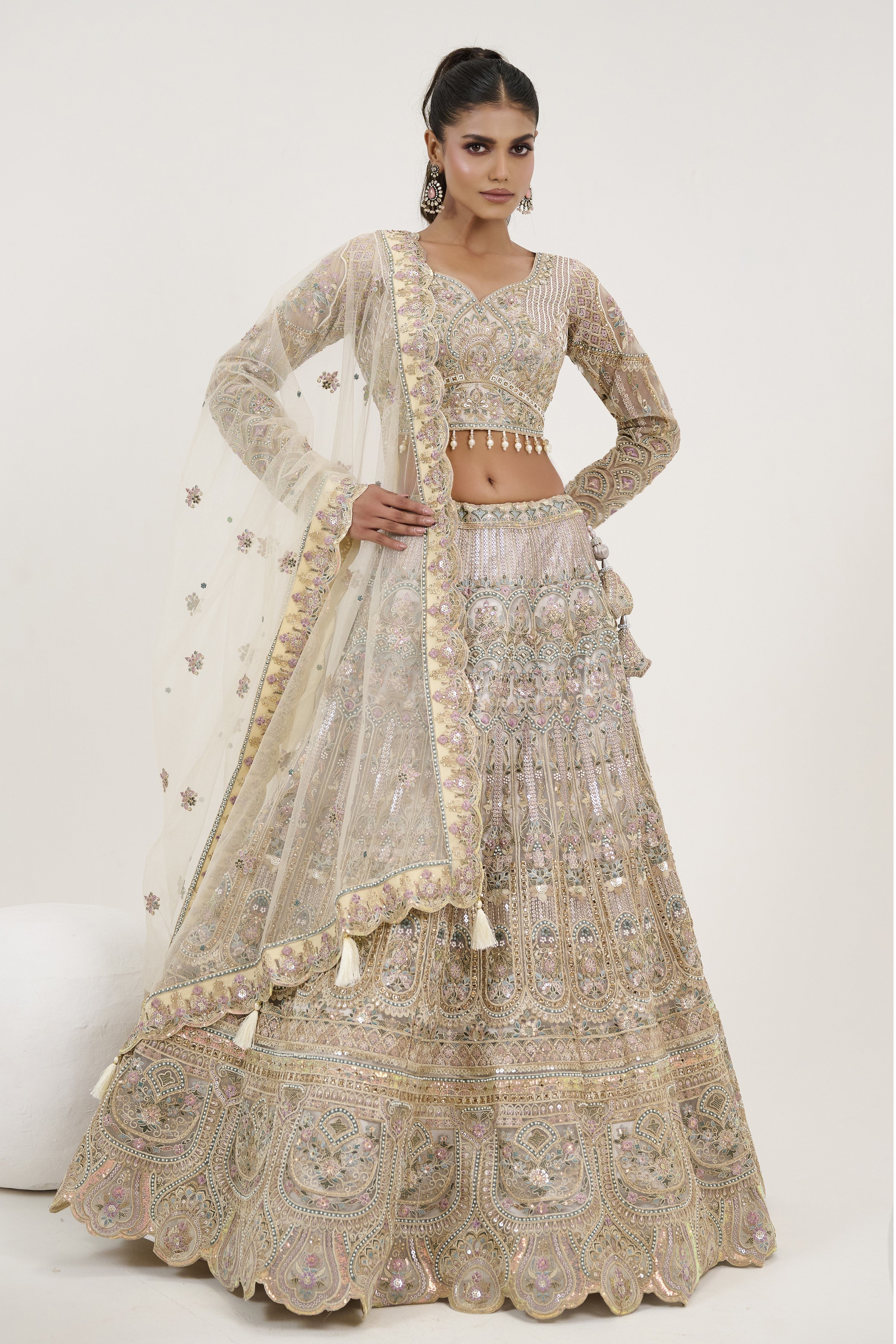 Startling Grey Embroidered Georgette Silk Lehenga Set