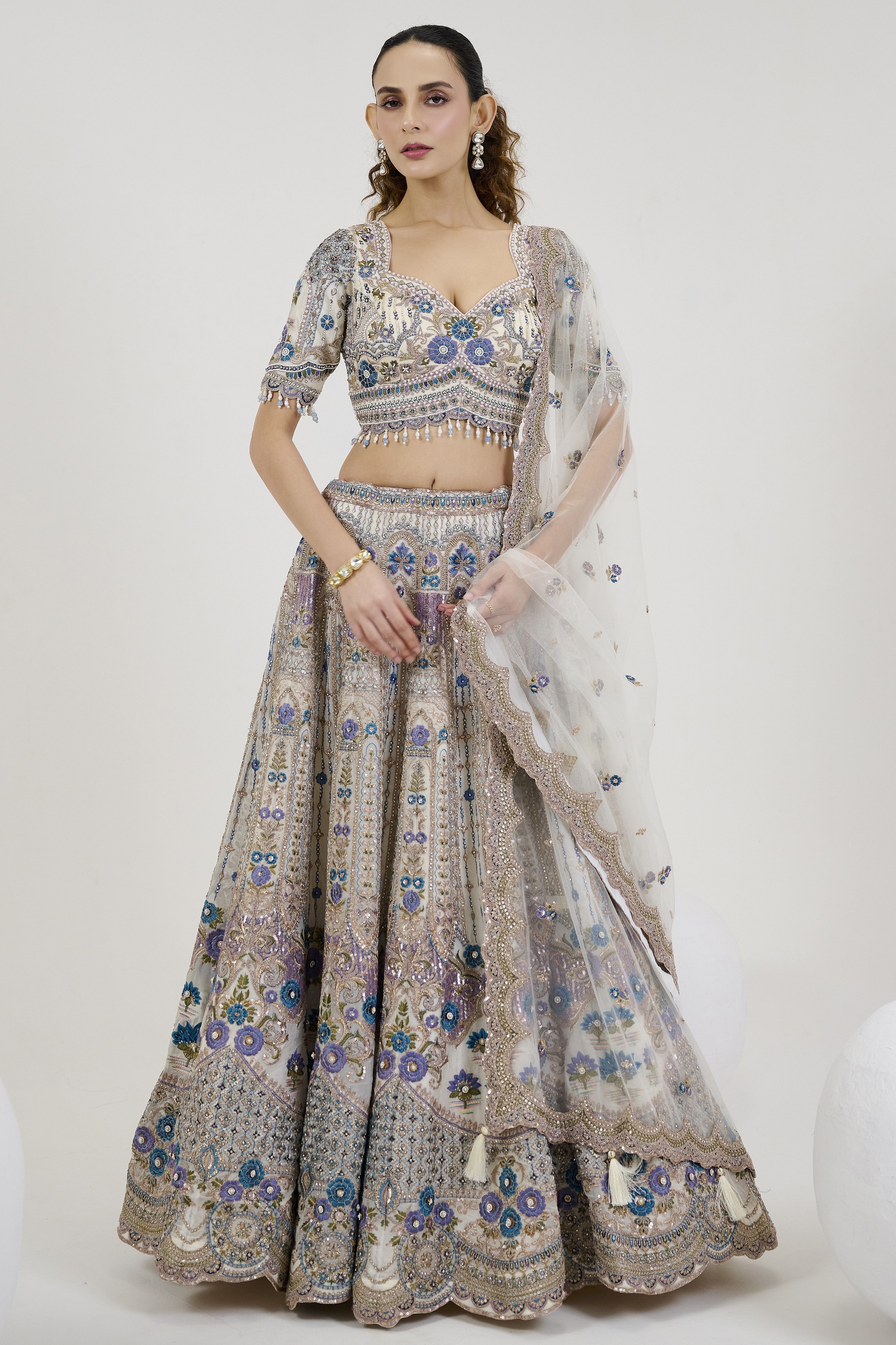 Classy Blue Embroidered Georgette Silk Lehenga Set