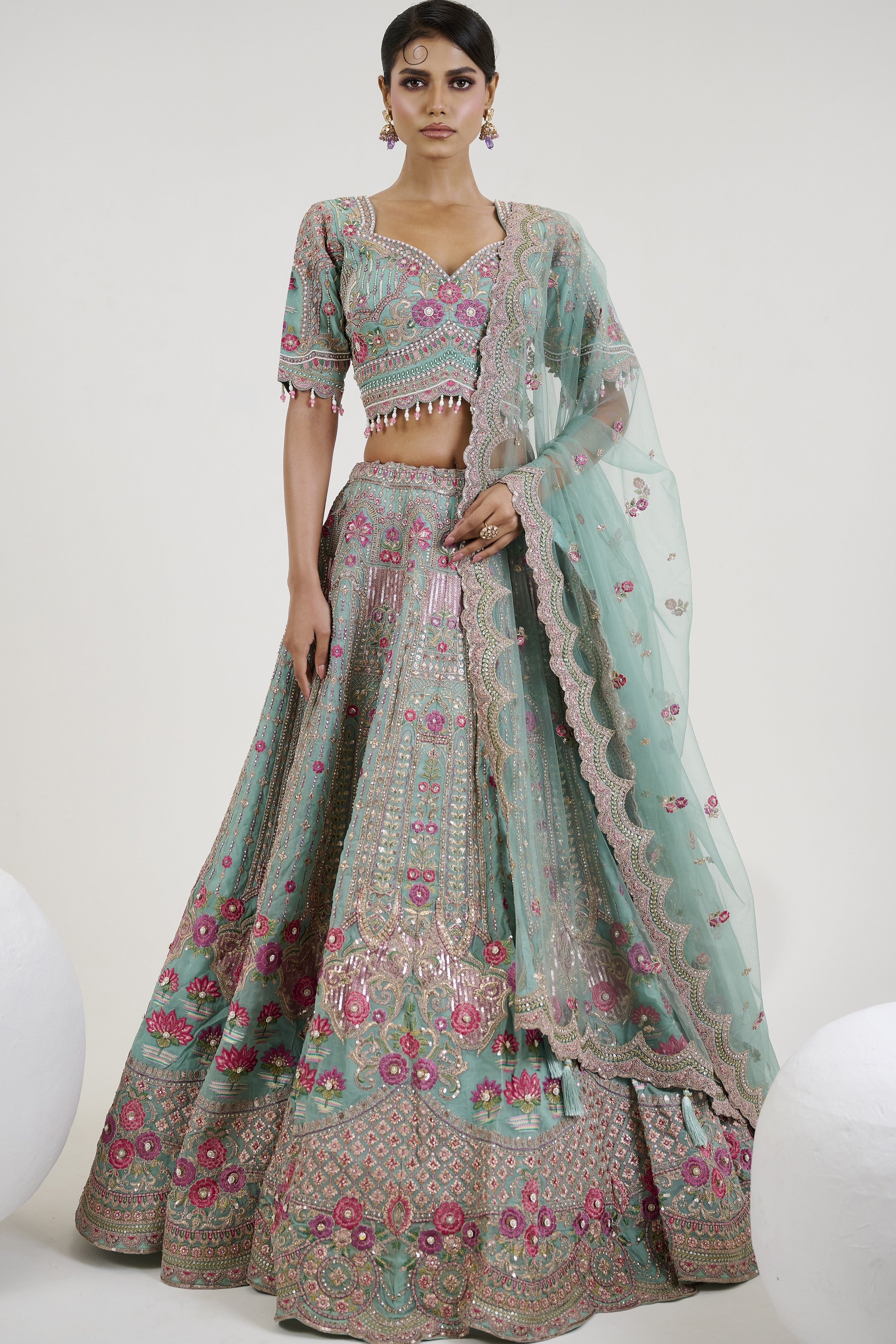 Sage Green Embroidered Georgette Silk Lehenga Set