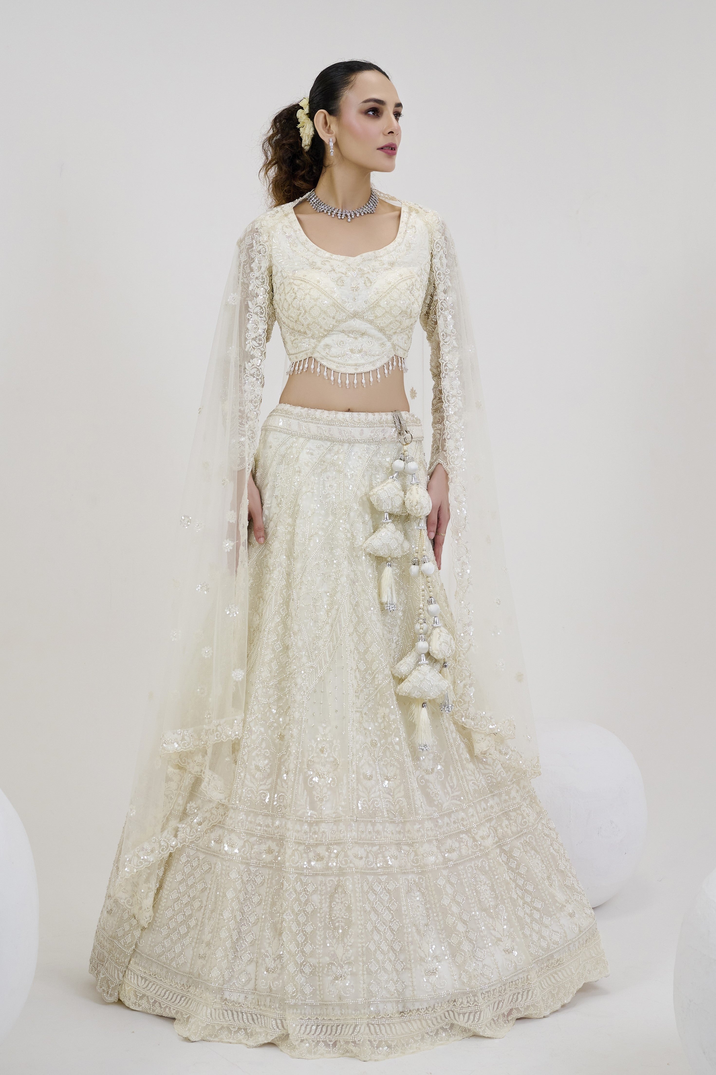 Pearl White Embroidered Georgette Silk Lehenga Set