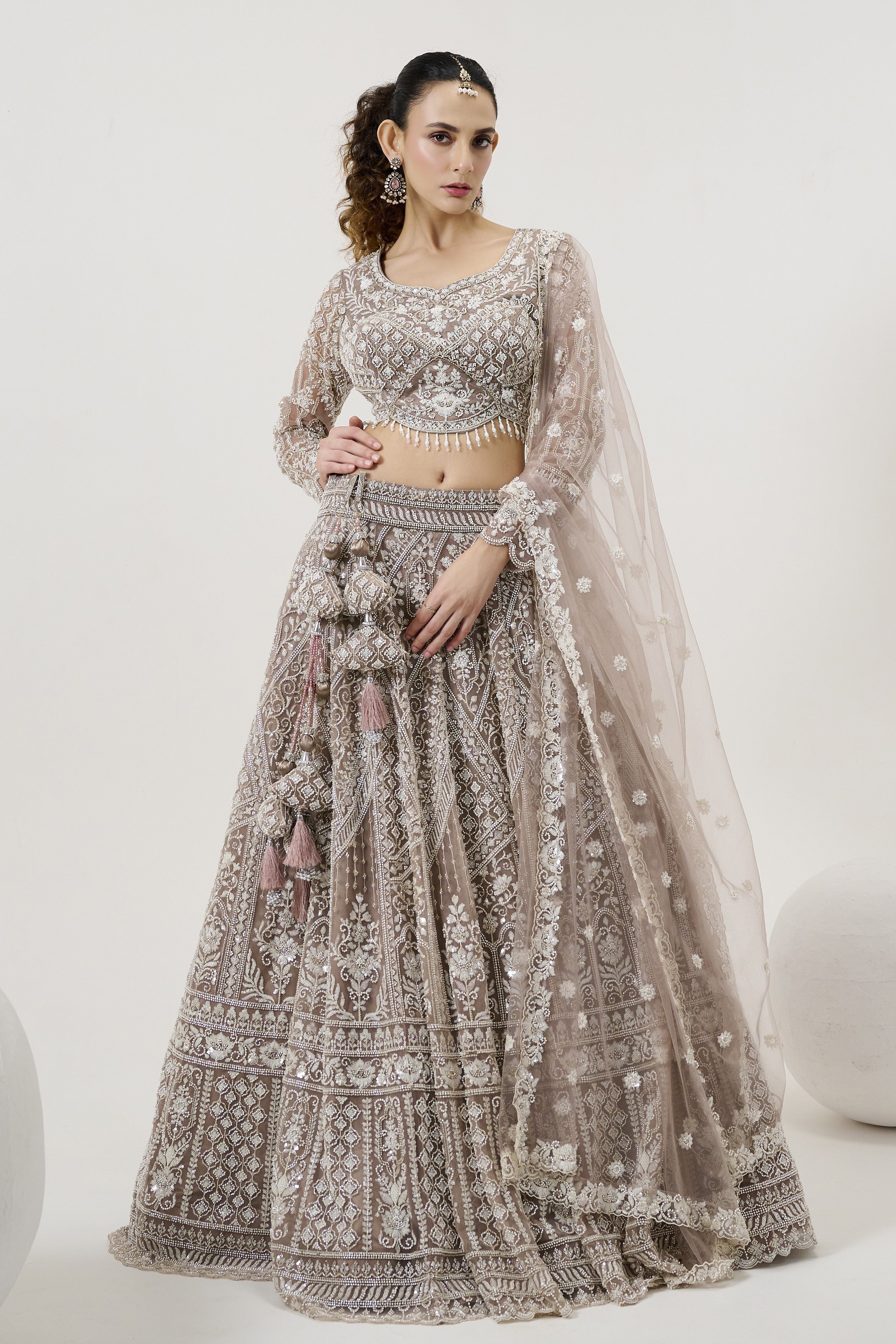 Ivory Nude Embroidered Georgette Silk Lehenga Set