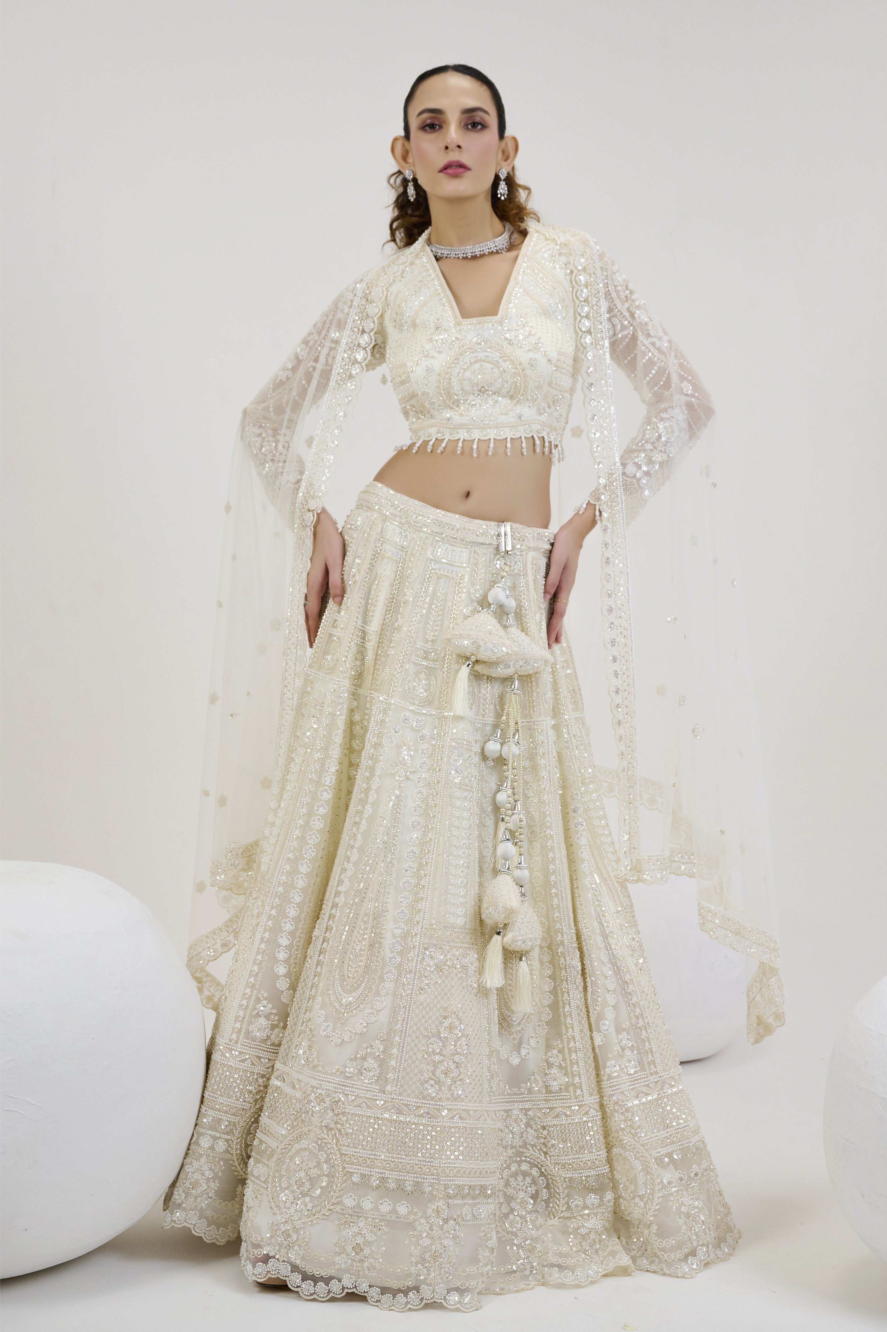 Off White Embroidered Georgette Silk Lehenga Set