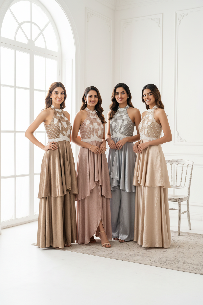 Metallic Silver Grey Embellished Satin Silk Palazzo Set