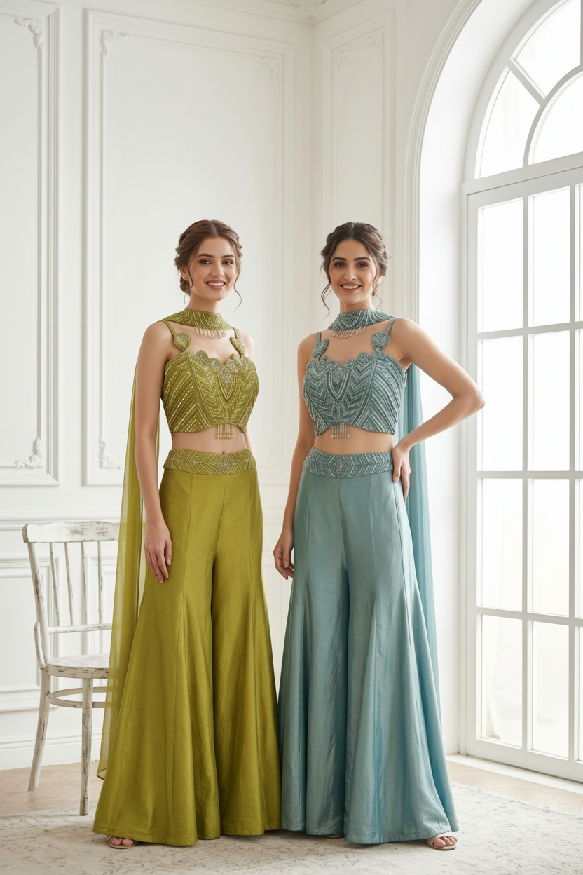 Aqua Pearl Embellished Premium Silk Palazzo Set