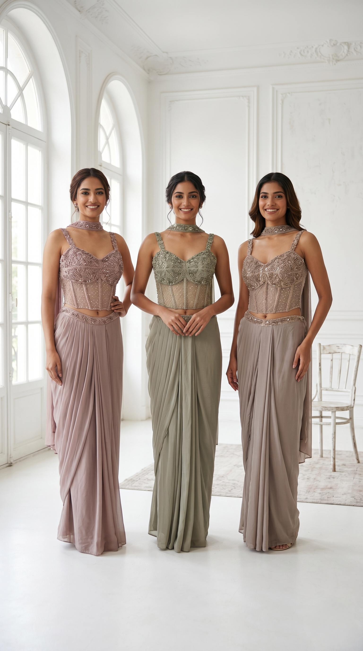 Muted Olive Embellished Crepe Silk Skirt Set