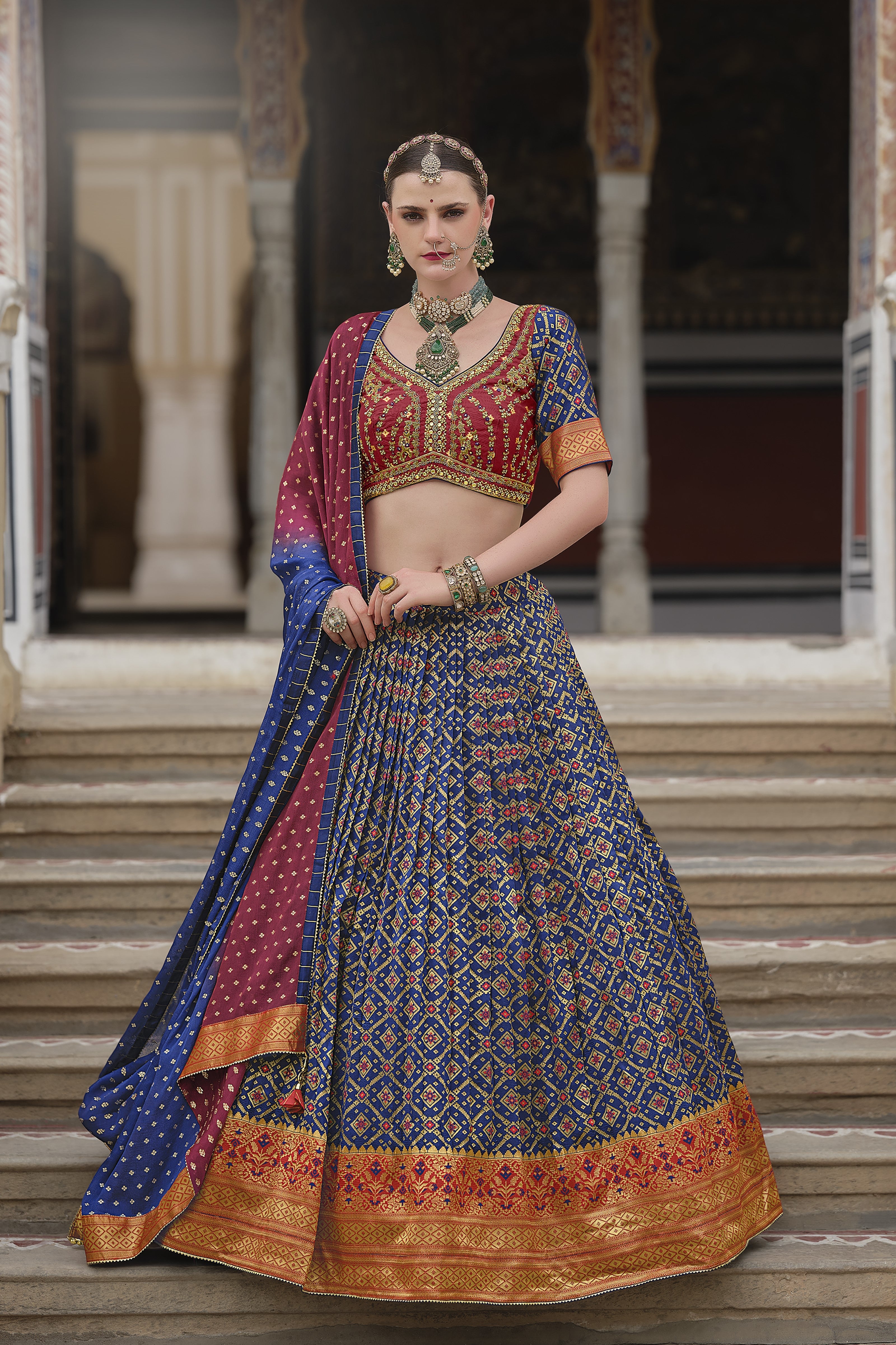 Blue Traditional Printed Premium Silk Lehenga Set