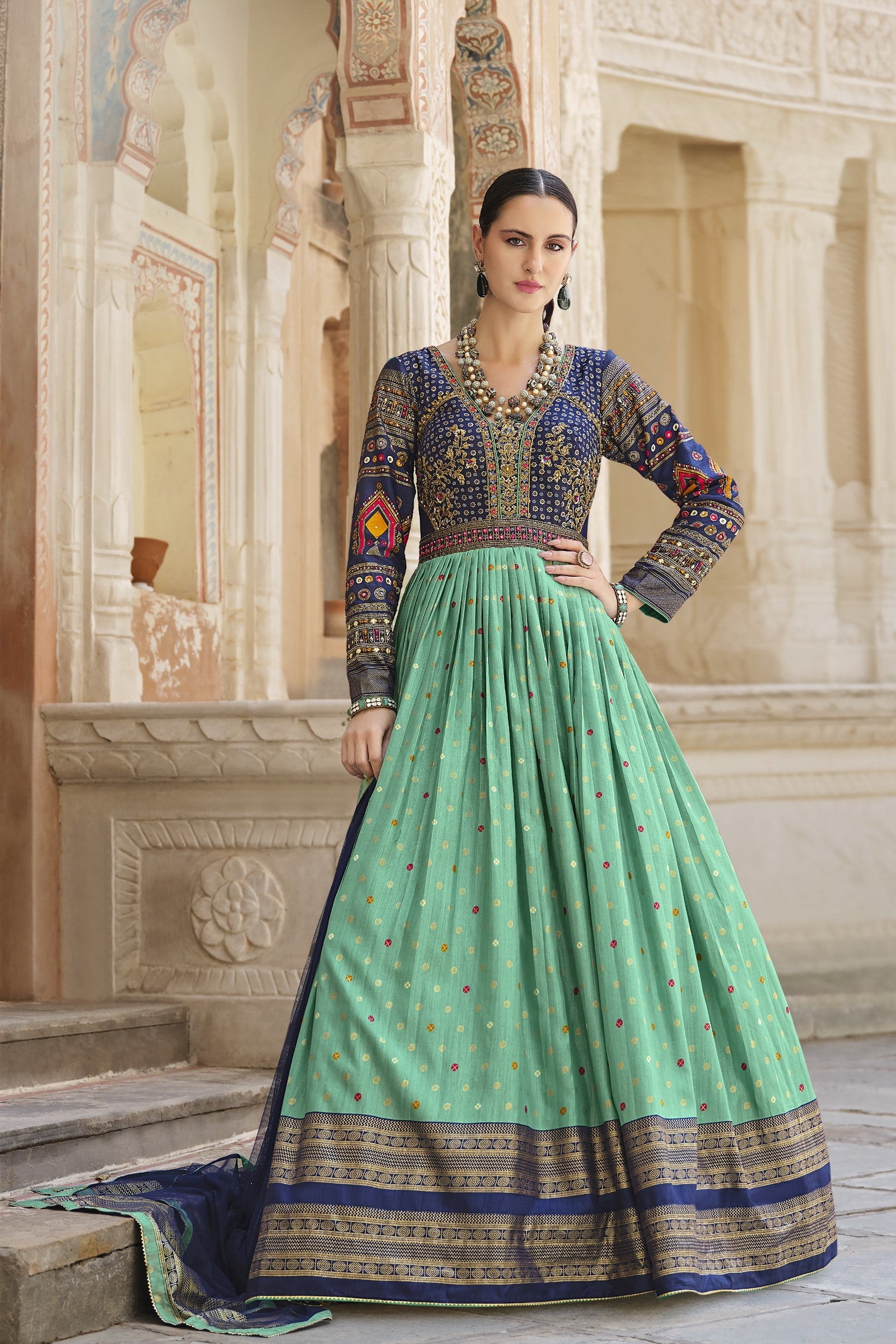 Blue Embellished Premium Silk Anarkali Set