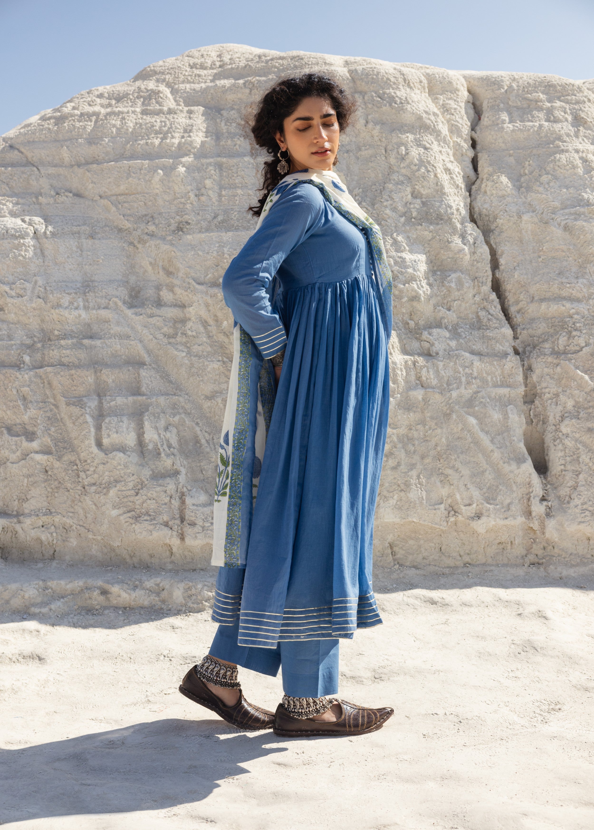 Dusty Blue Embellished Mul Cotton Anarkali Set