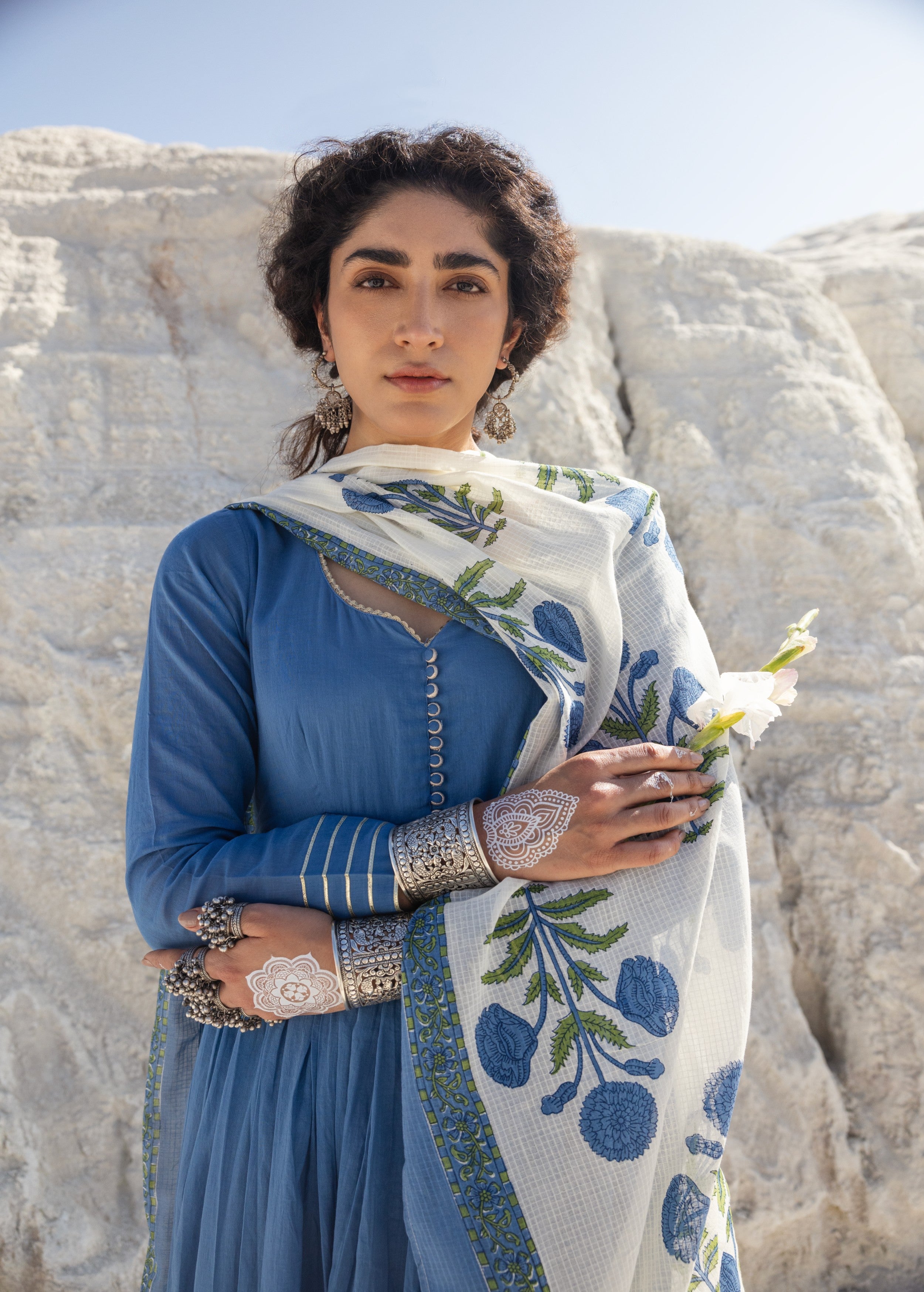 Dusty Blue Embellished Mul Cotton Anarkali Set