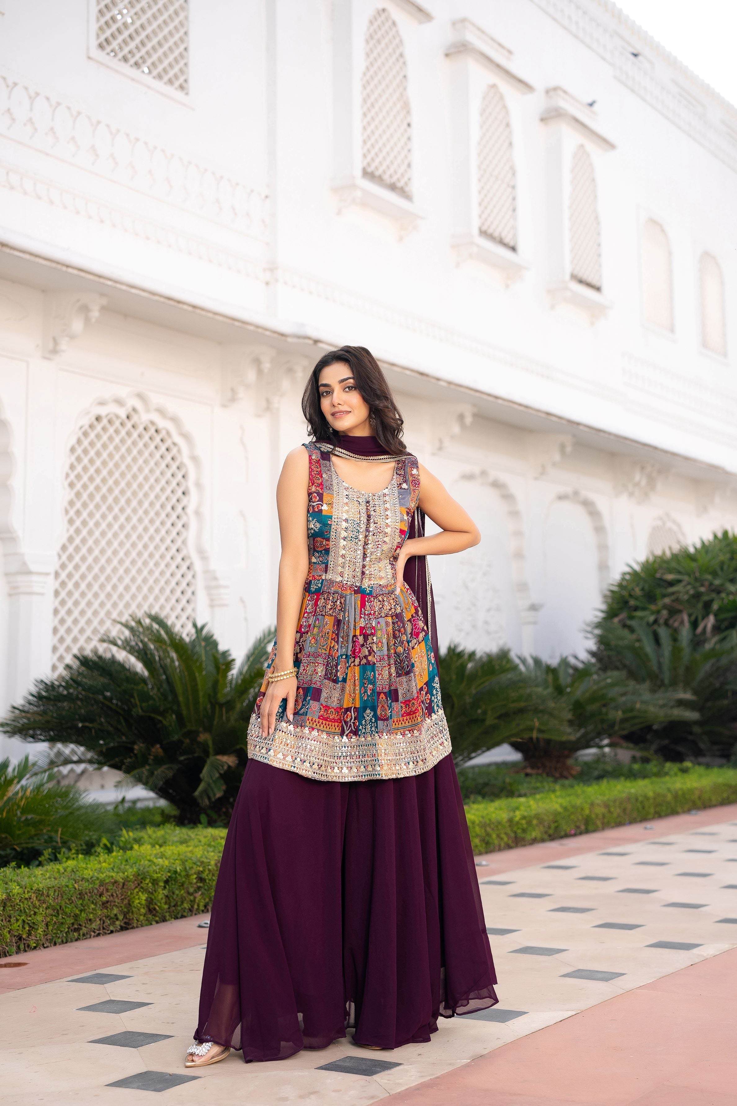 Wine Traditional Printed Georgette Silk Palazzo Set