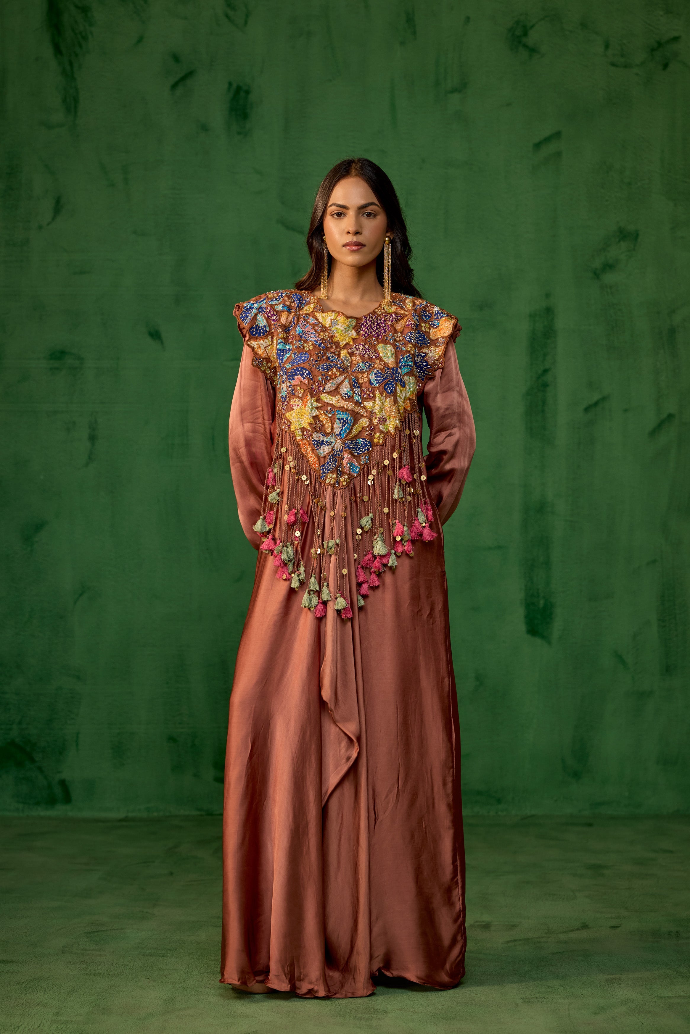 Rust Brown Embellished Satin Silk Gown