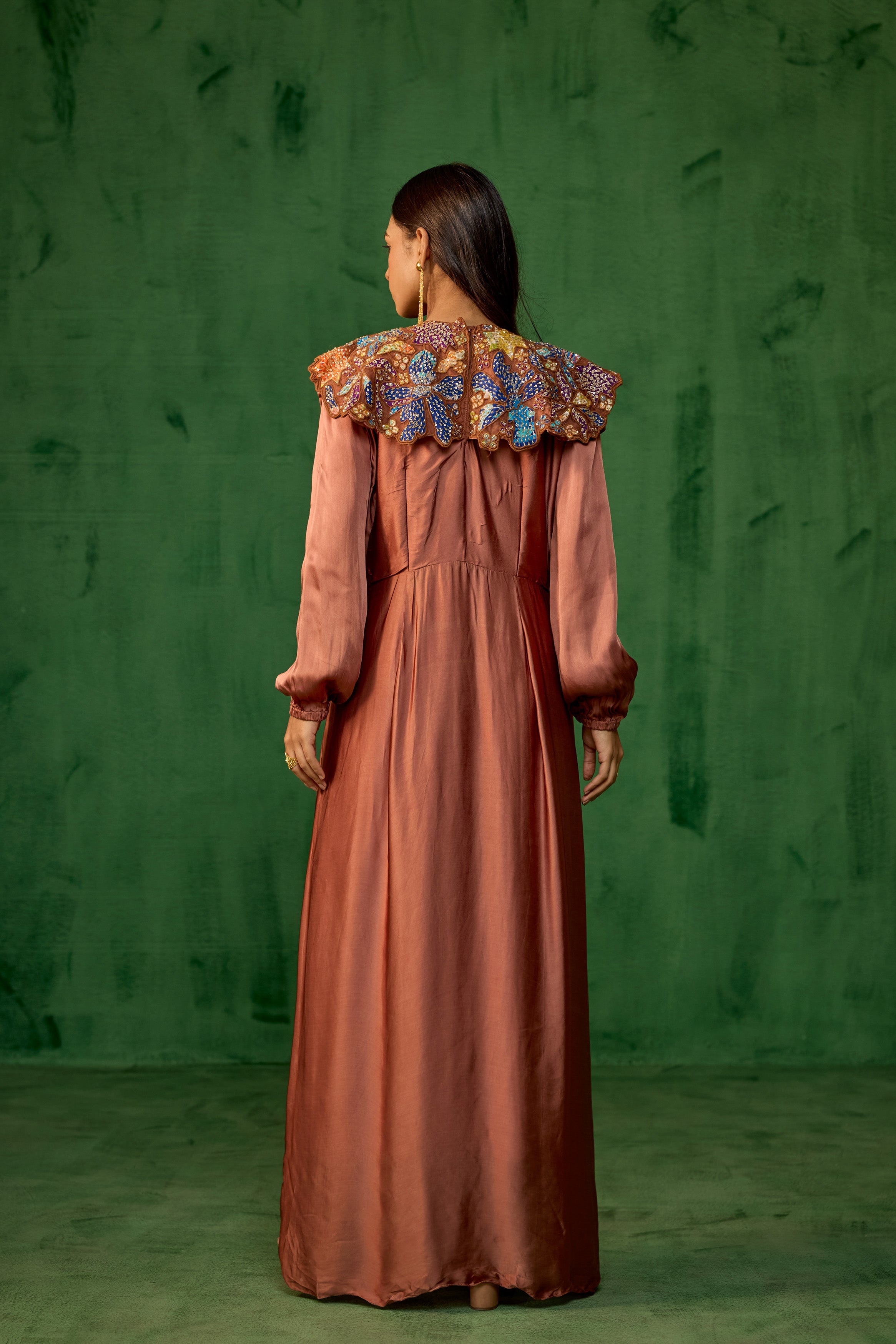 Rust Brown Embellished Satin Silk Gown