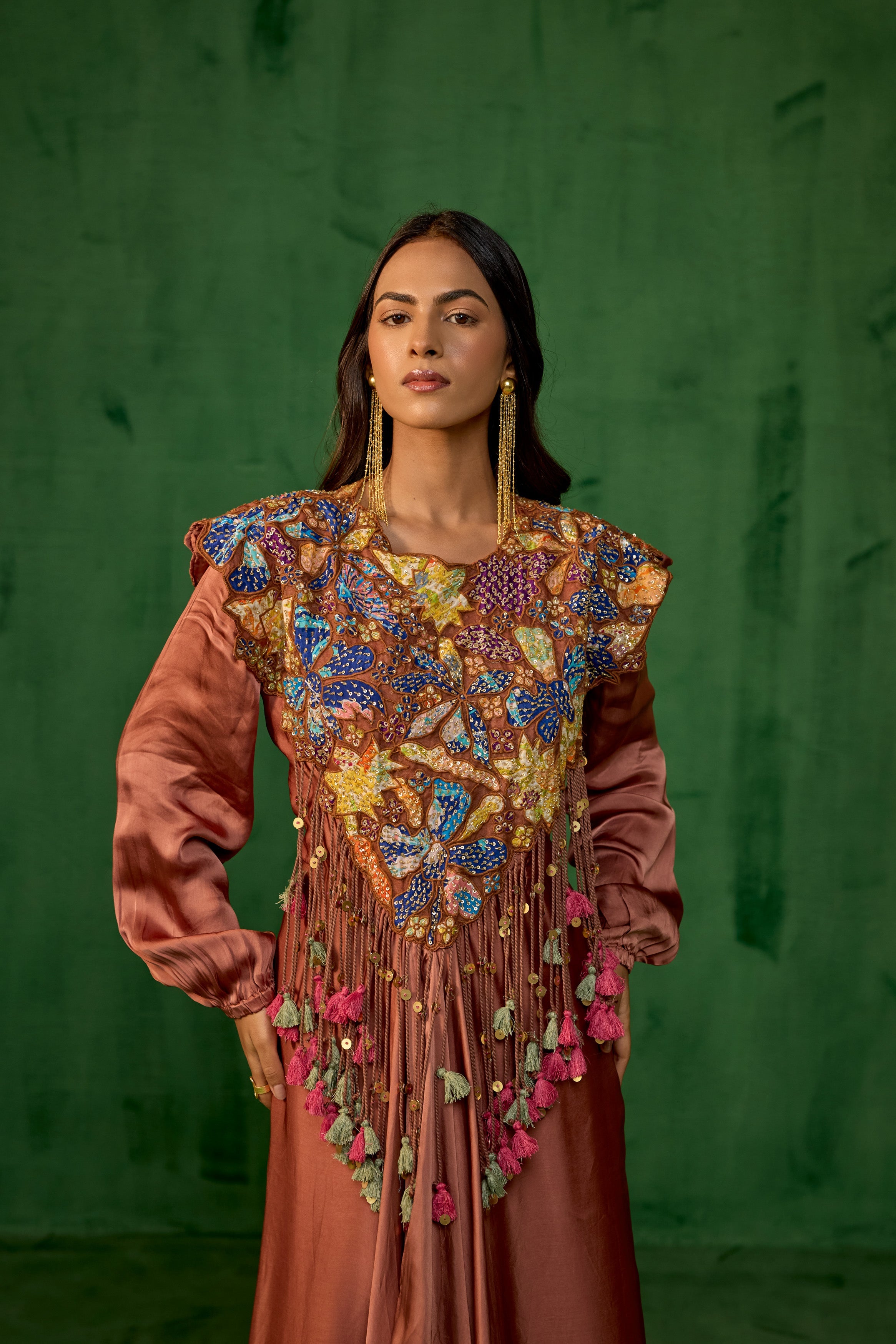 Rust Brown Embellished Satin Silk Gown