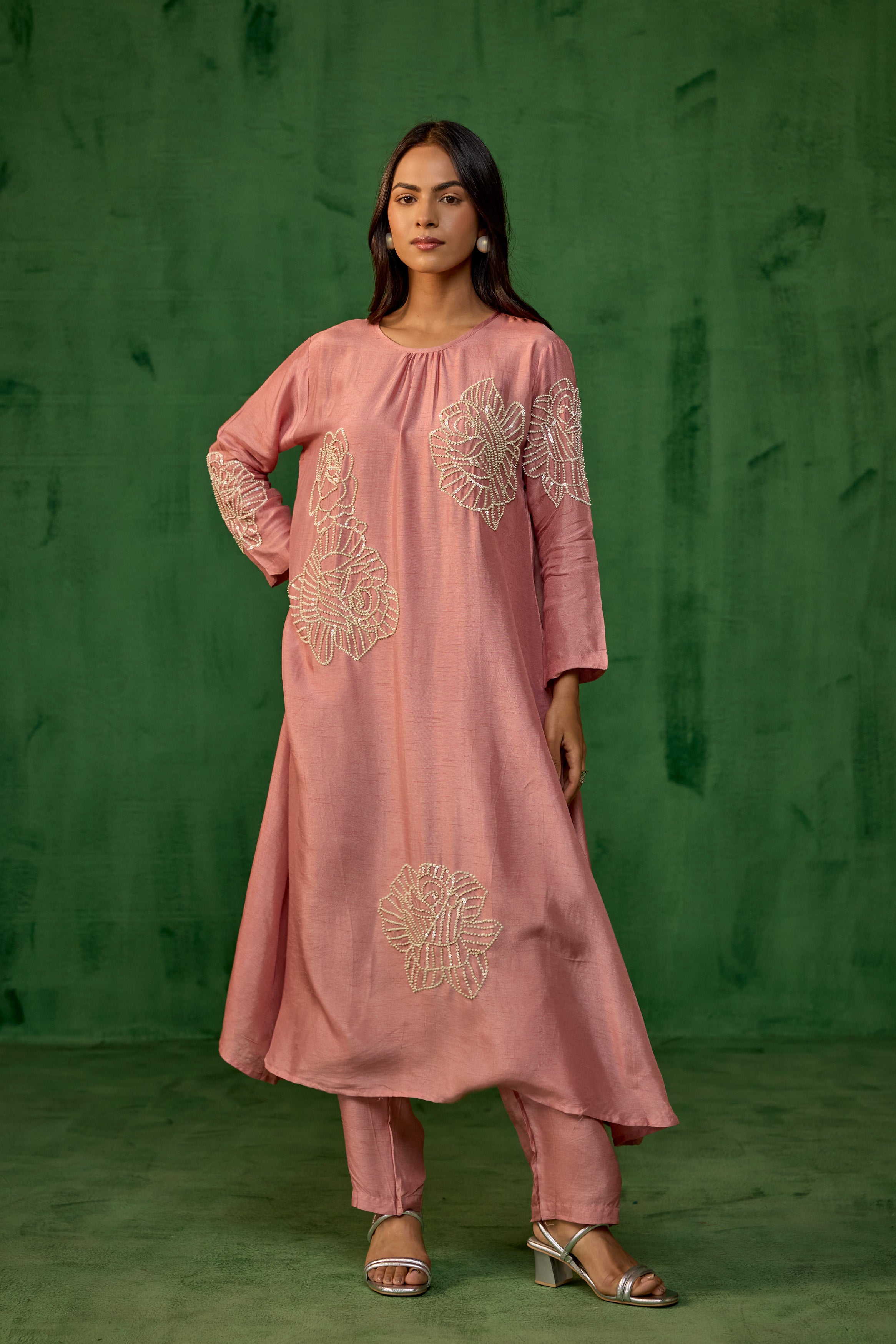 Dusty Rose Embellished Raw Silk Kurta Set