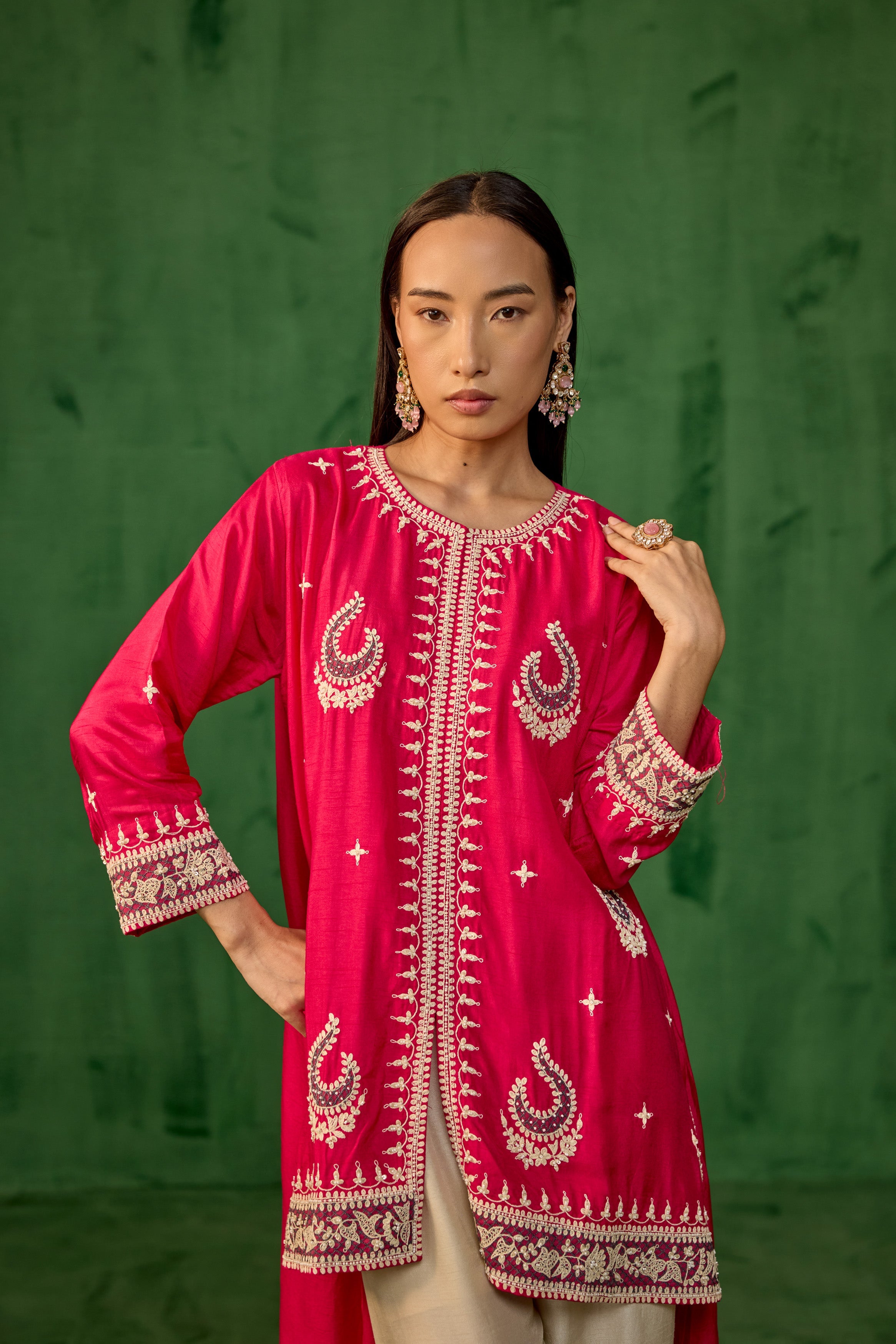 Magenta Pink Embellished Raw Silk Palazzo Set