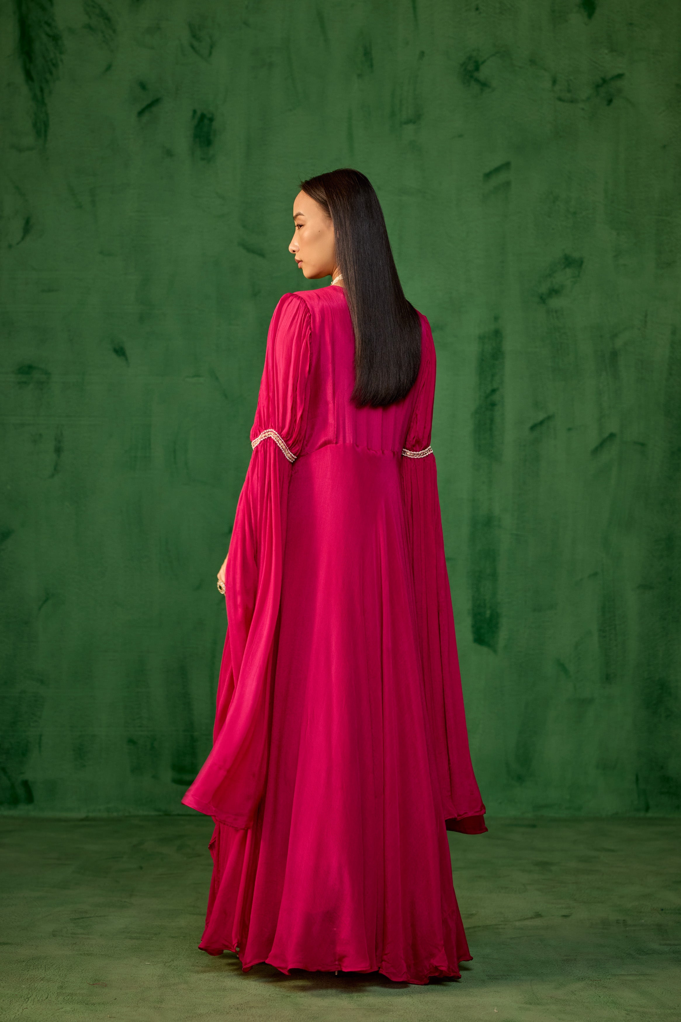 Deep Pink Embellished Chinon Silk Pleated Gown