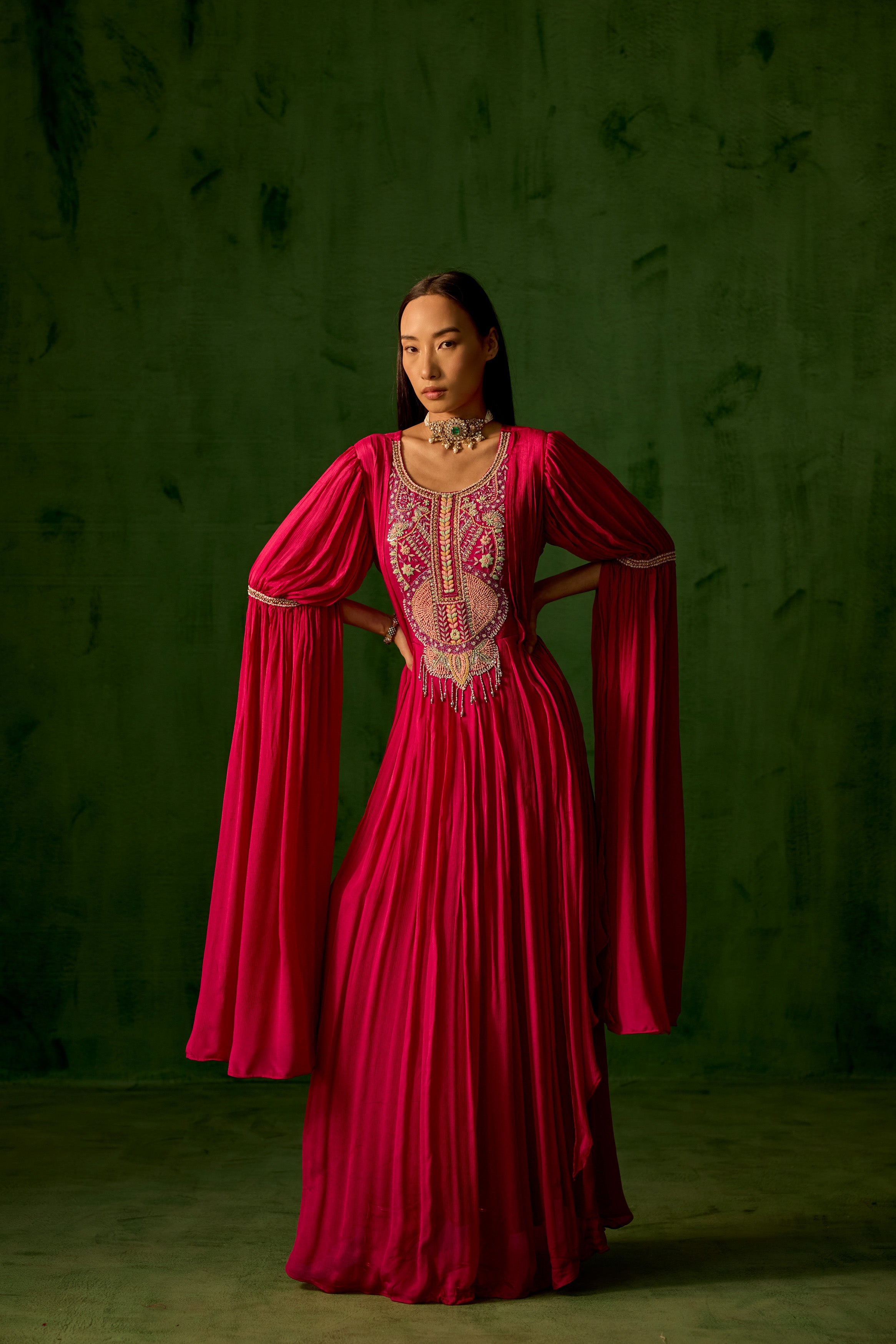 Deep Pink Embellished Chinon Silk Pleated Gown