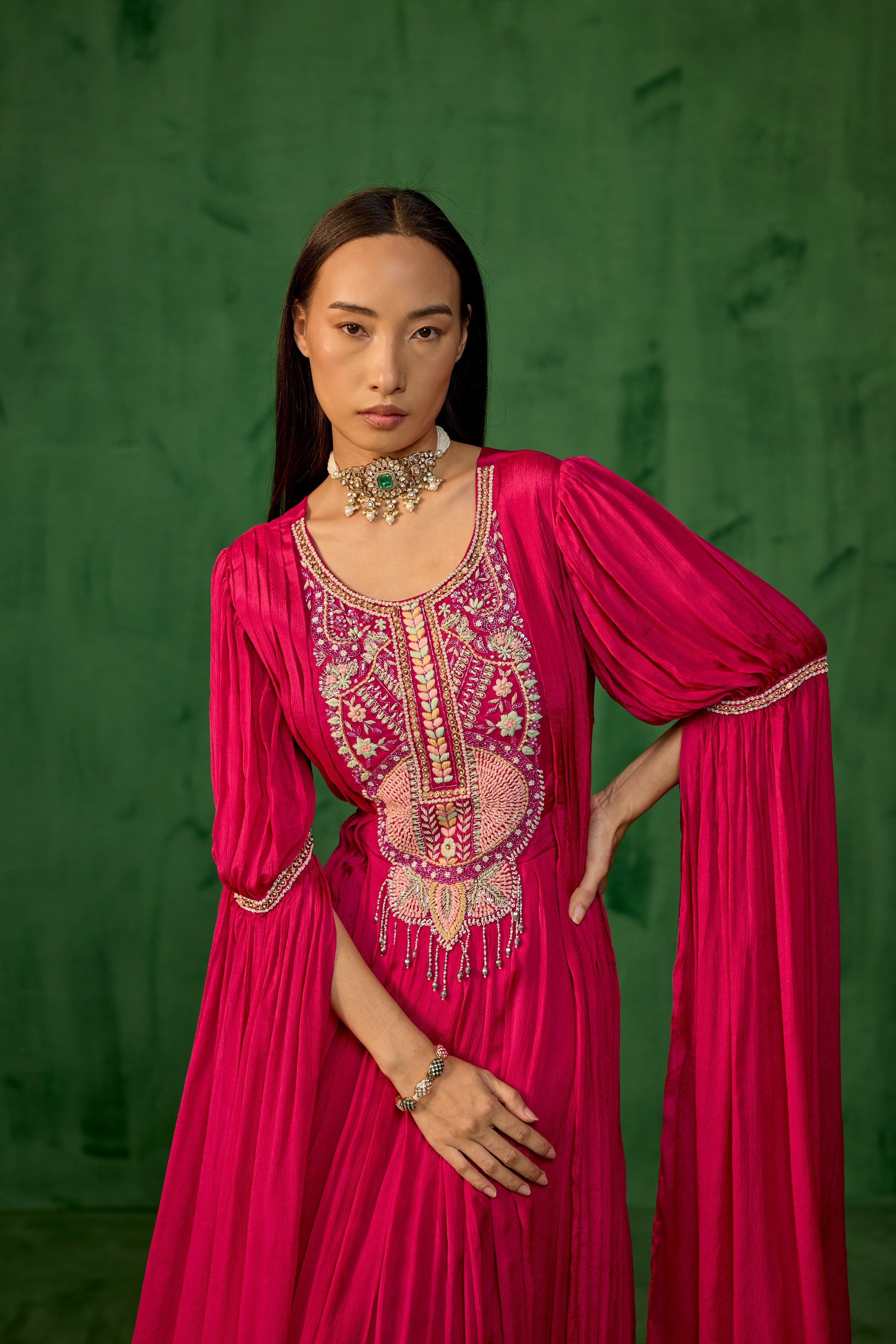 Deep Pink Embellished Chinon Silk Pleated Gown