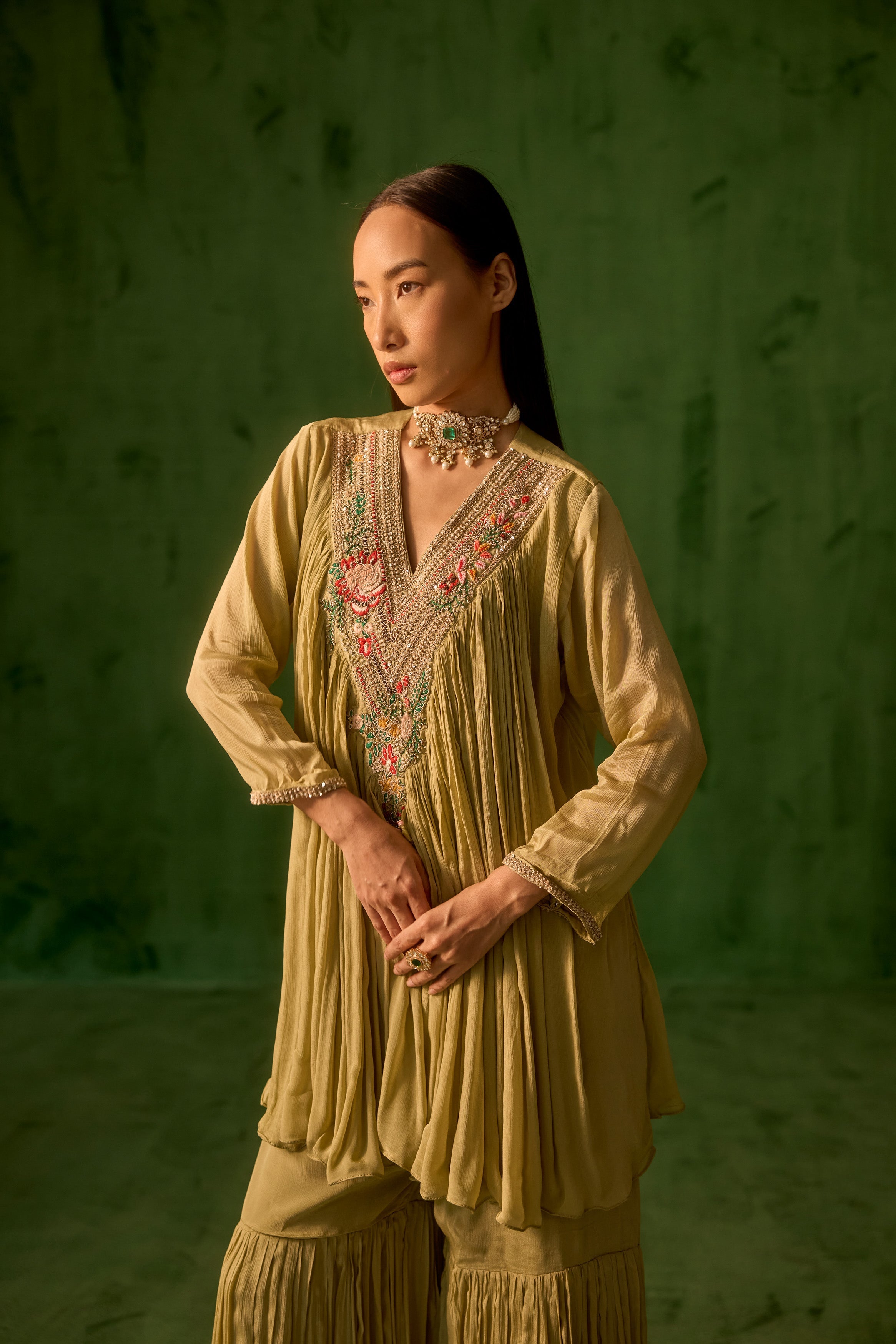 Sage Green Embellished Chinon Silk Sharara Set