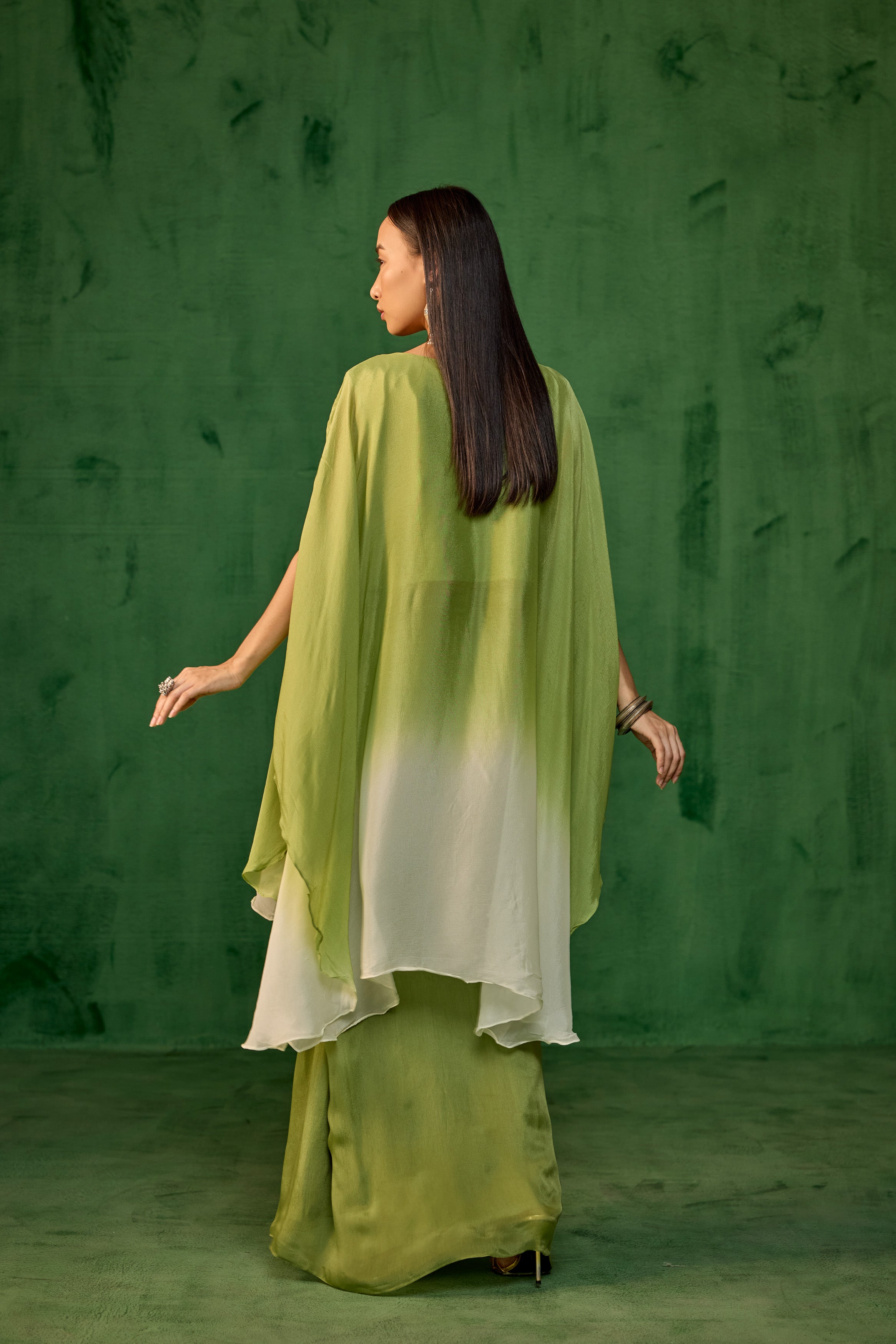 Ombre Green Embroidered Chinon Kaftan Set