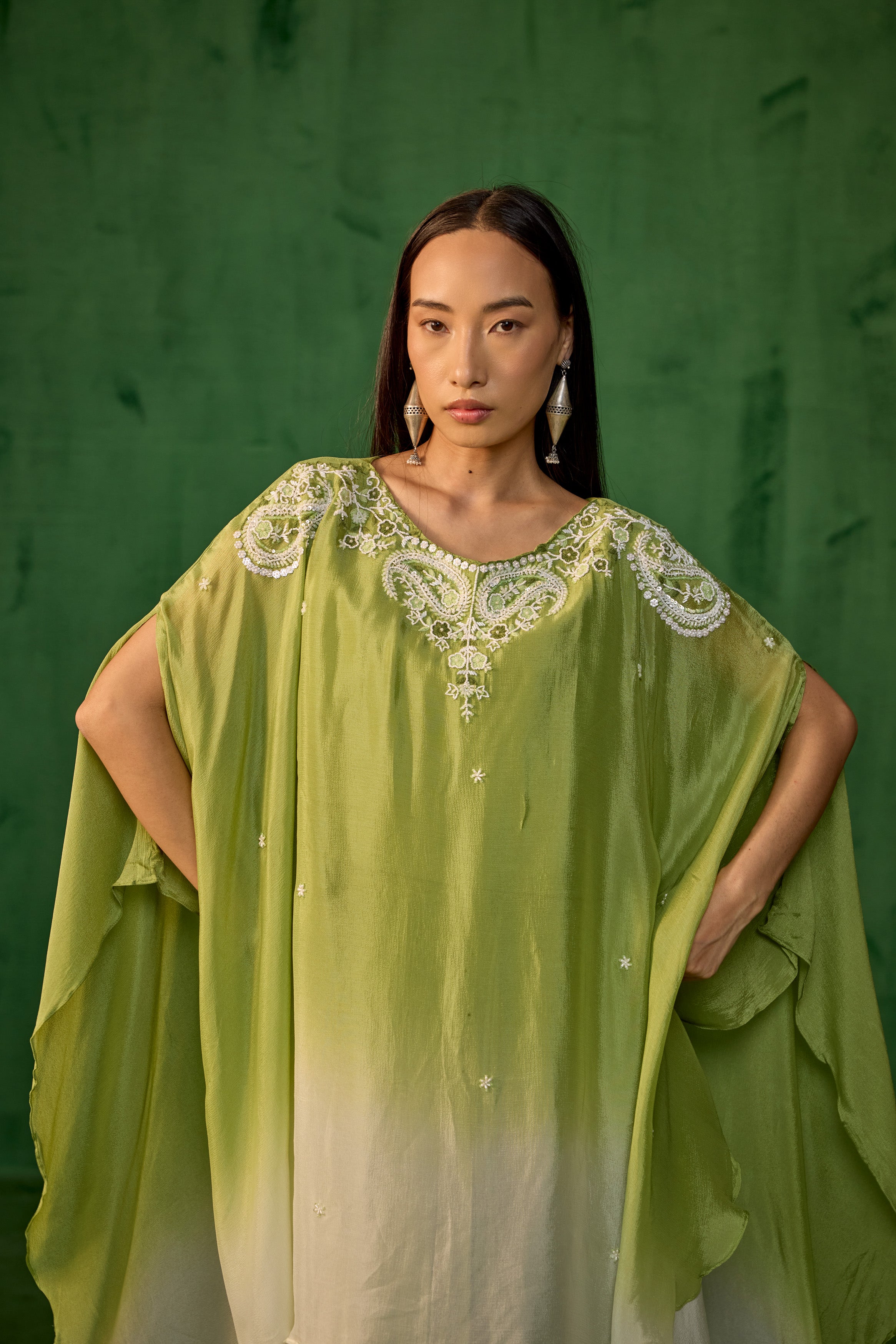 Ombre Green Embroidered Chinon Kaftan Set