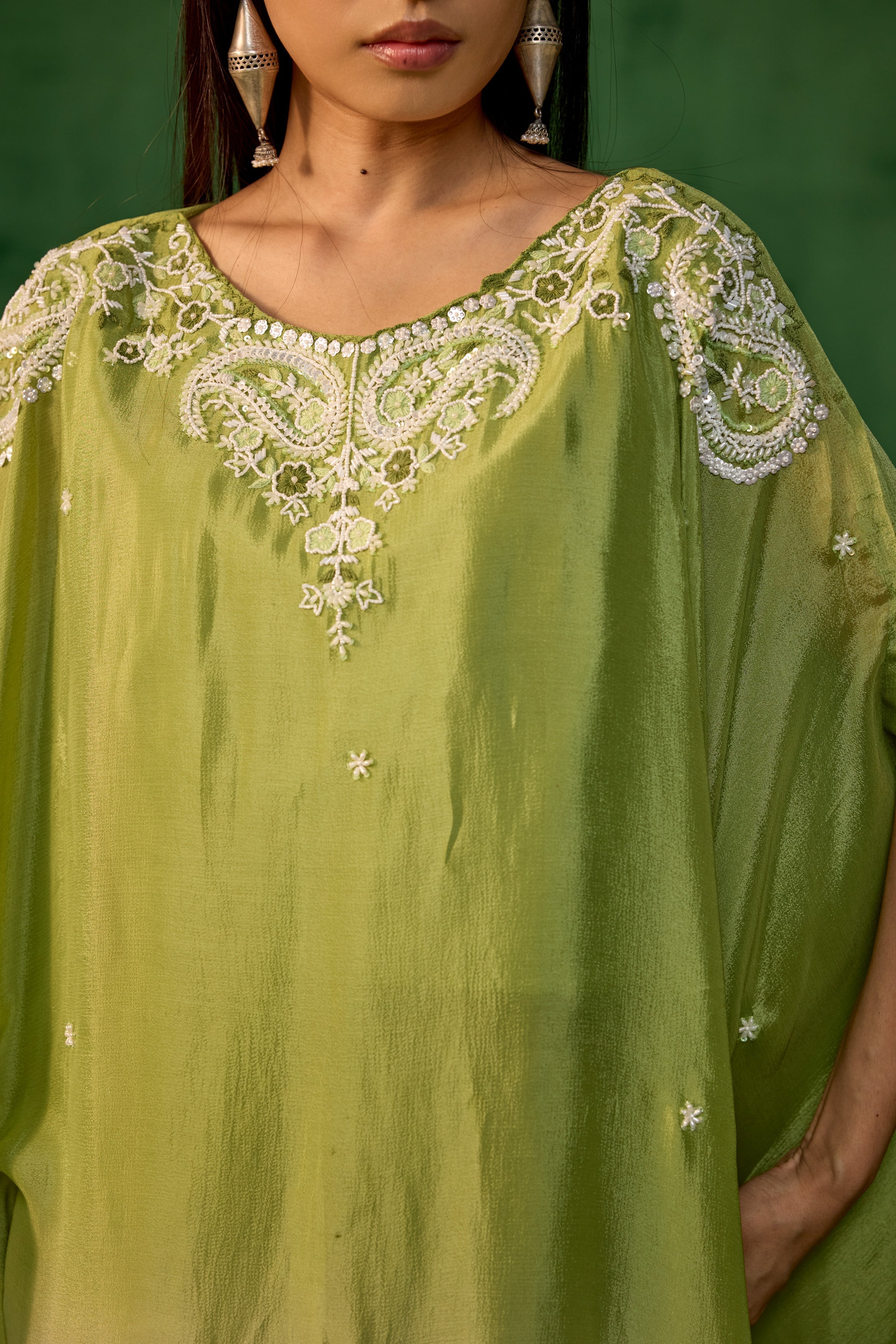 Ombre Green Embroidered Chinon Kaftan Set