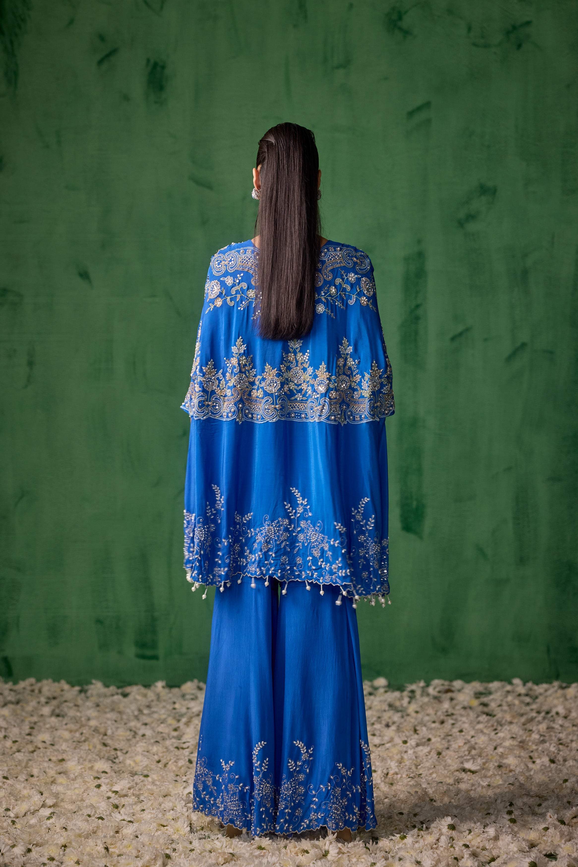 Electric Blue Embellished Chinon Silk Kaftan Set