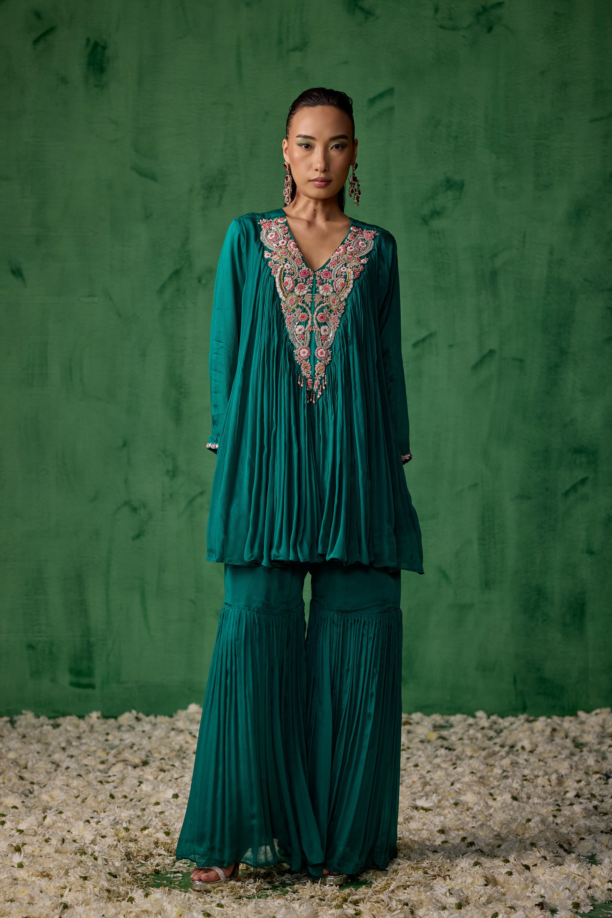 Teal Green Embellished Chinon Silk Sharara Set