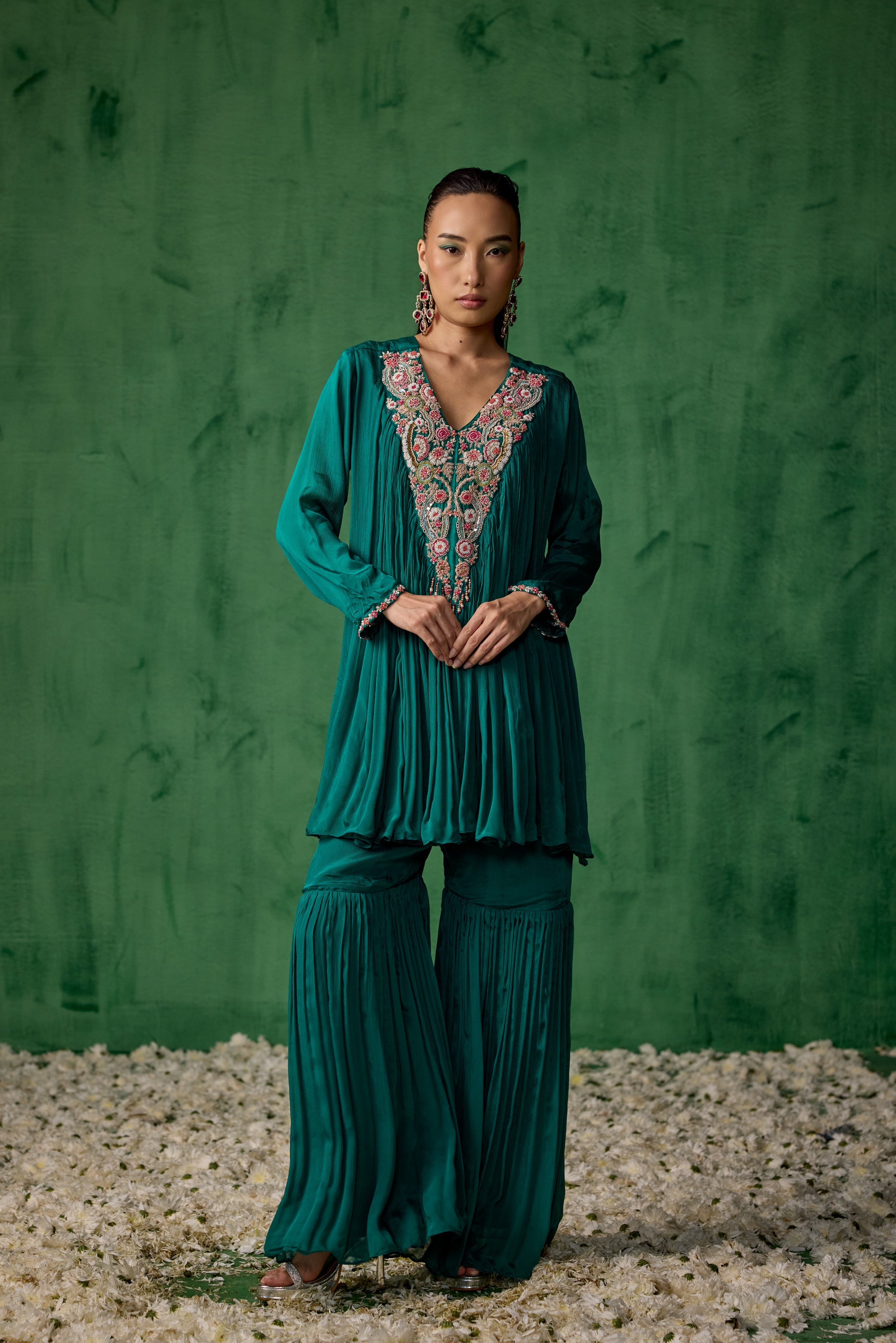 Teal Green Embellished Chinon Silk Sharara Set