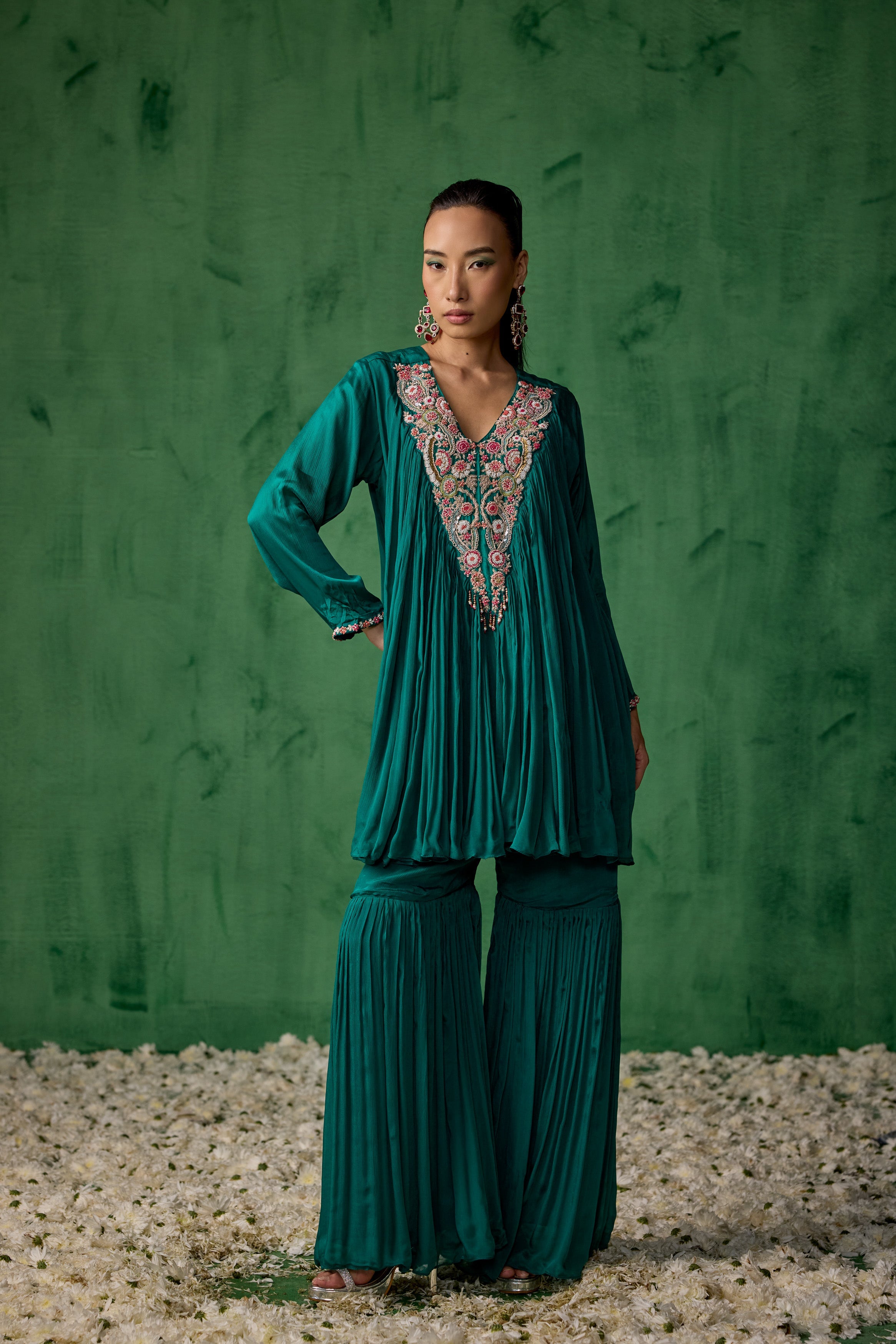 Teal Green Embellished Chinon Silk Sharara Set